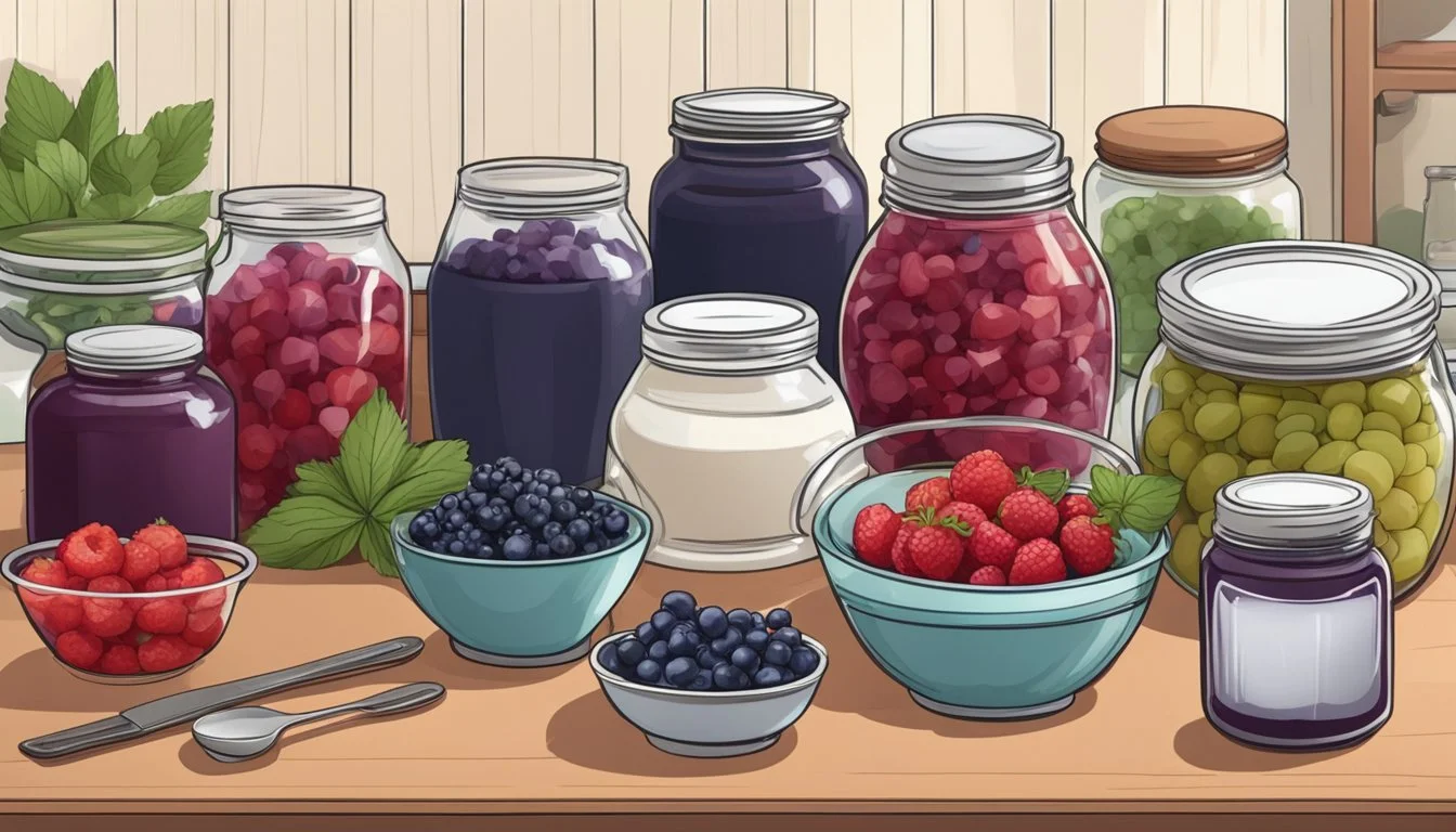 Ingredients and equipment laid out on a clean kitchen counter for fermenting berry preserves. Jars, berries, sugar, and utensils are ready for use