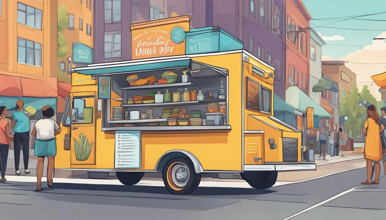 A food truck parked on a bustling street in Vancouver, Washington, with a line of customers waiting to order. The truck is adorned with colorful signage and a menu board displaying a variety of delicious dishes
