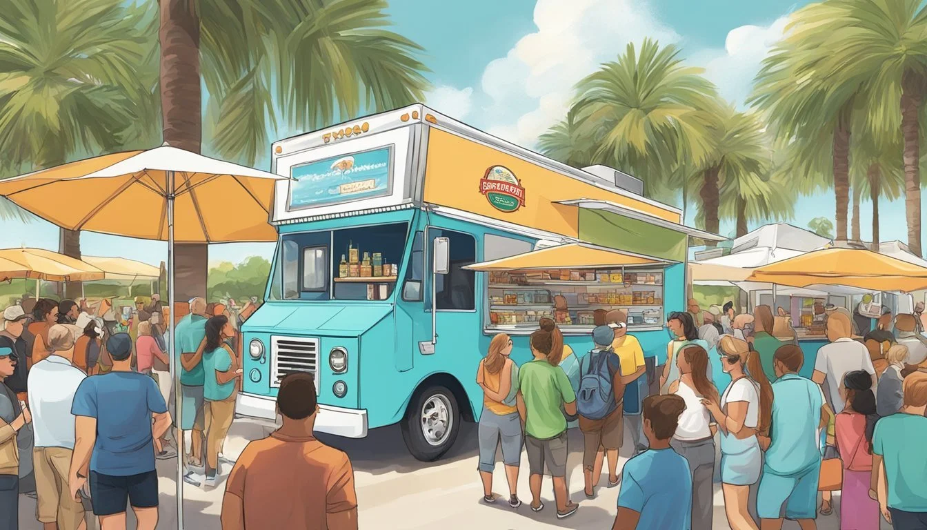 A food truck surrounded by people at an event in St. Petersburg, Florida, with promotional signage and marketing materials visible