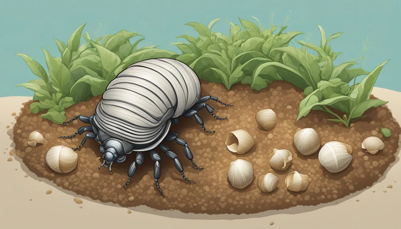 Pillbugs crawl towards crops. A barrier of crushed eggshells surrounds the plants, deterring the pests