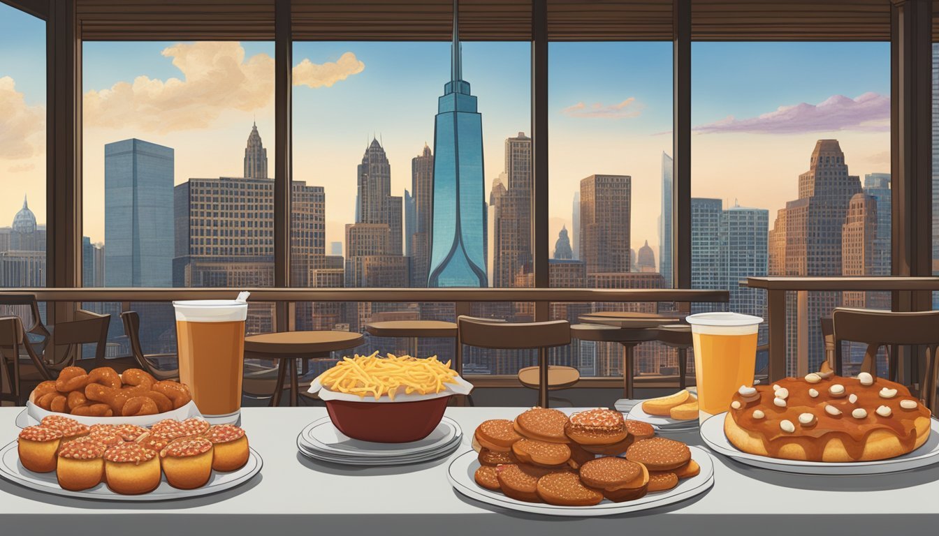 A table spread with coney dogs, Detroit-style pizza, and paczki. A backdrop of the Detroit skyline and the Renaissance Center