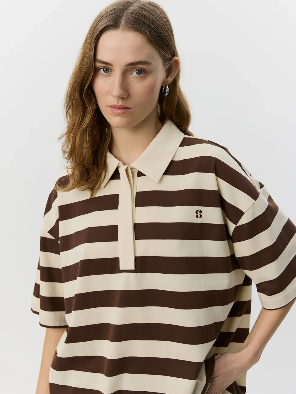 Pilsw Oversize Striped Polo Shirt - Off White Striped