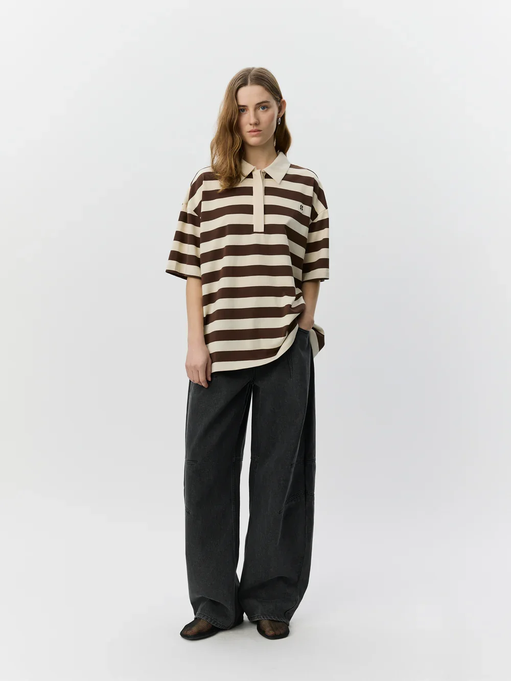 Pilsw Oversize Striped Polo Shirt - Off White Striped