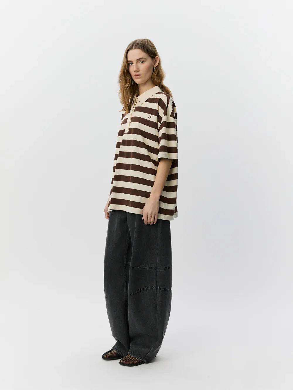 Pilsw Oversize Striped Polo Shirt - Off White Striped