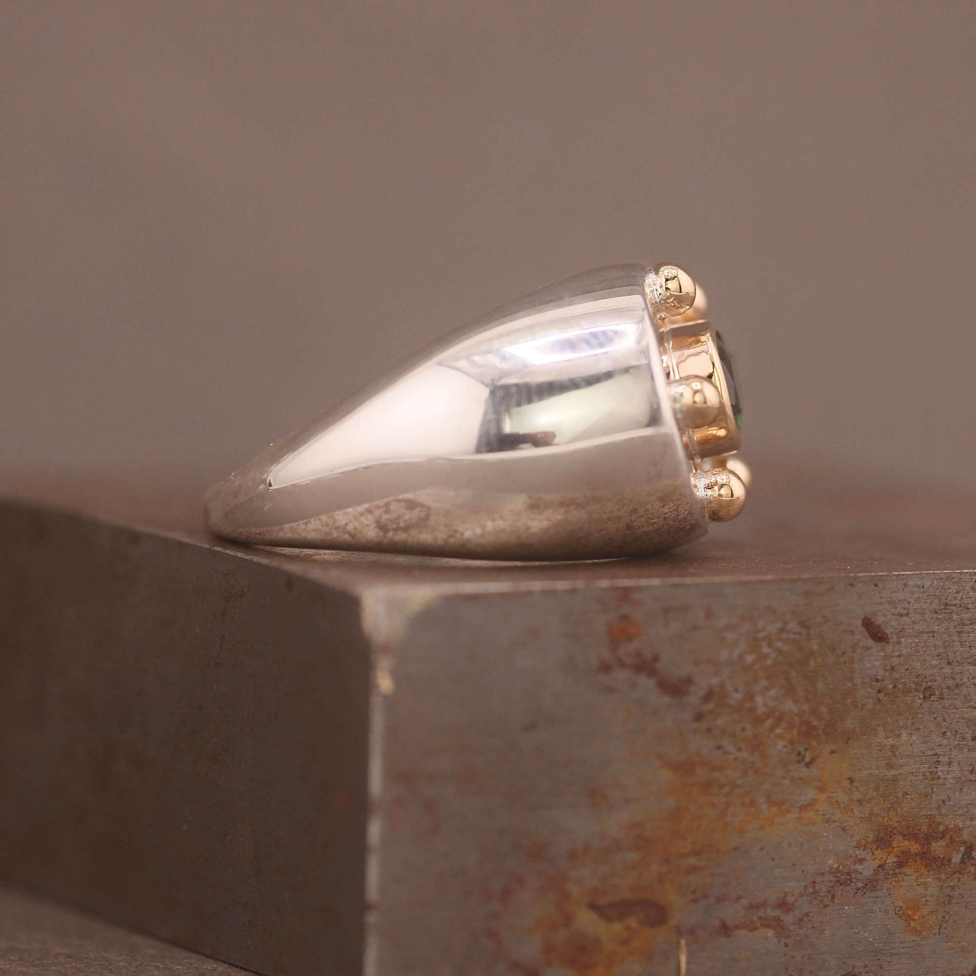 Green tourmaline silver 14ct gold pear shaped studded signet ring.JPG