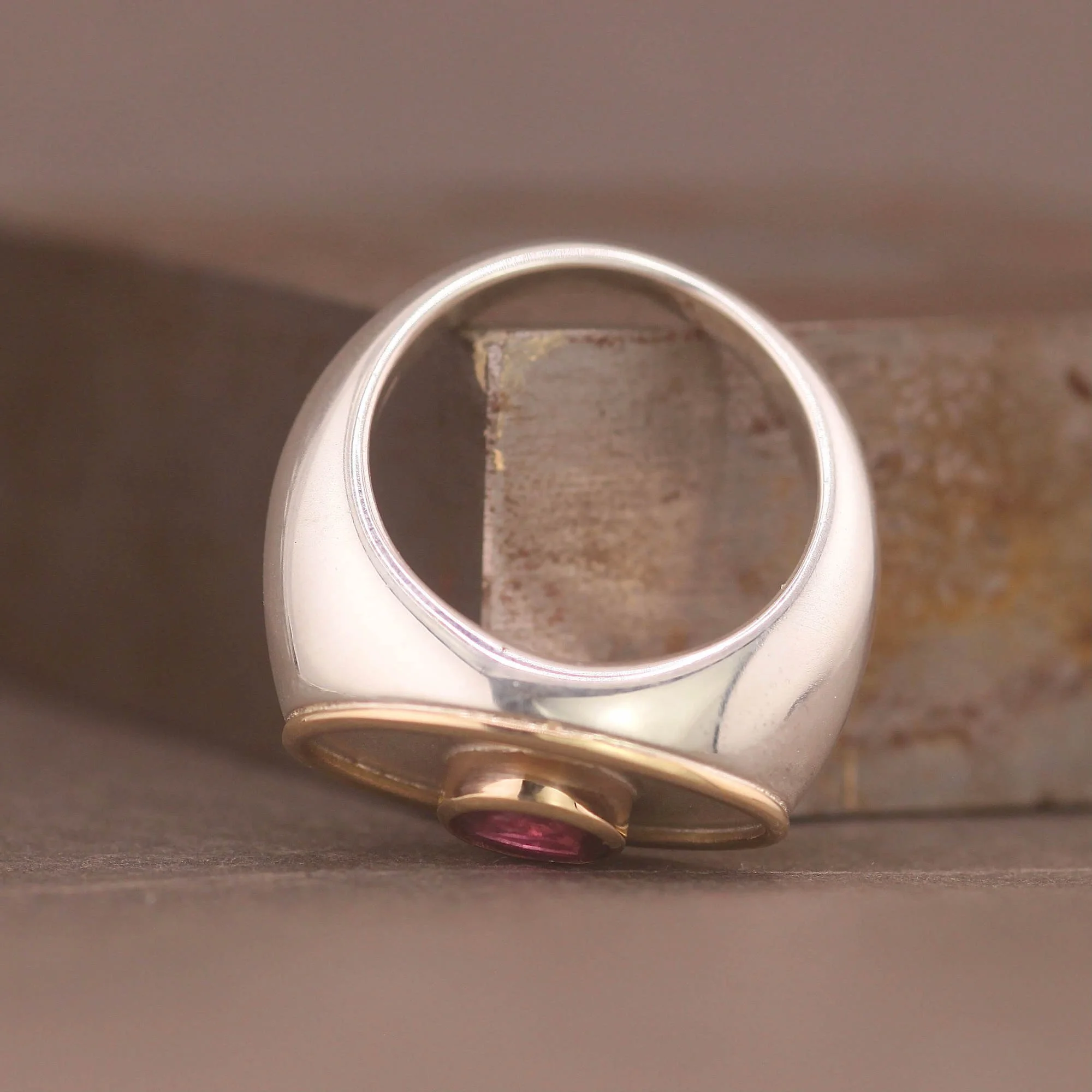 Pink tourmaline silver 14ct gold unisex oval signet ring.JPG