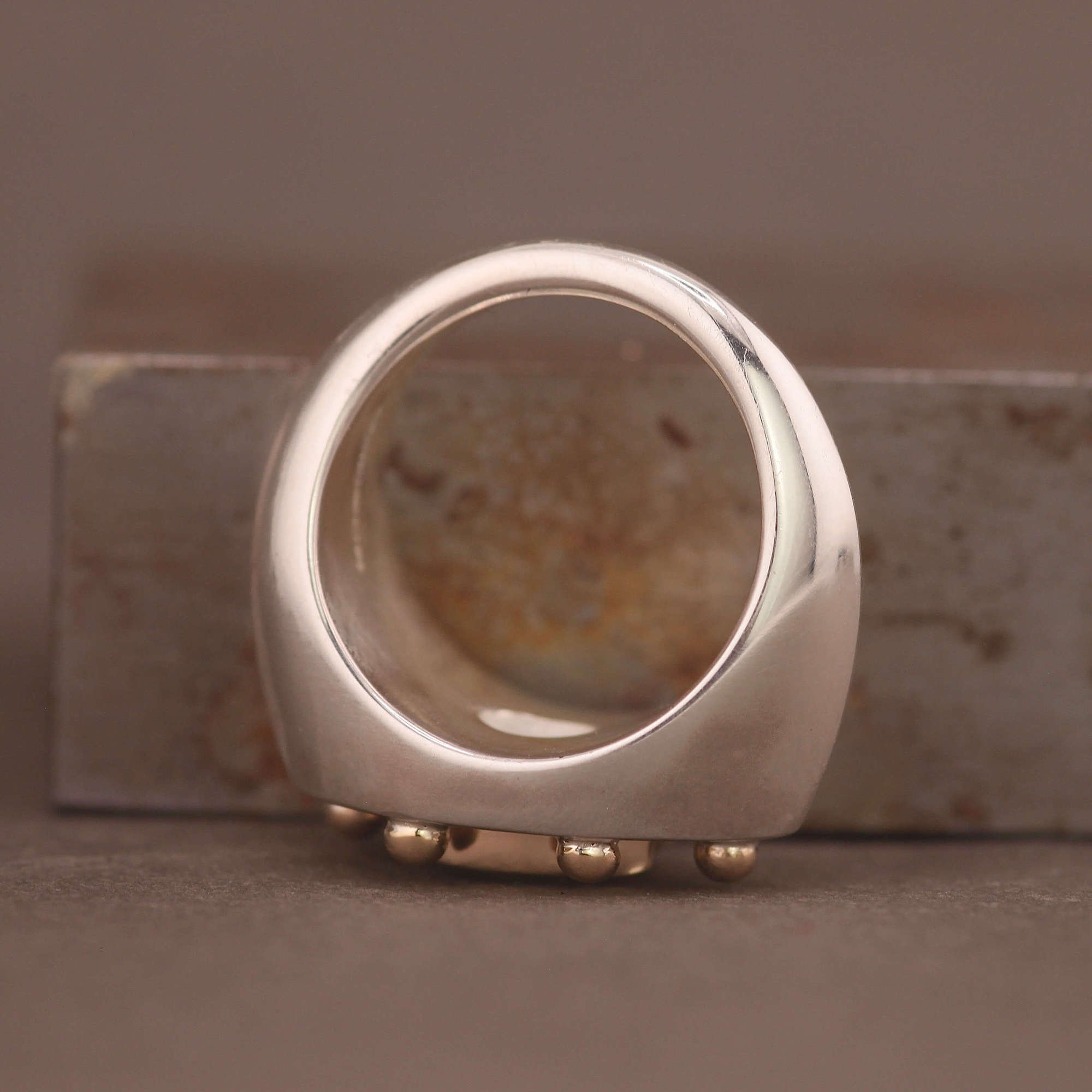 Green tourmaline silver 14ct gold studded teardrop signet ring.JPG