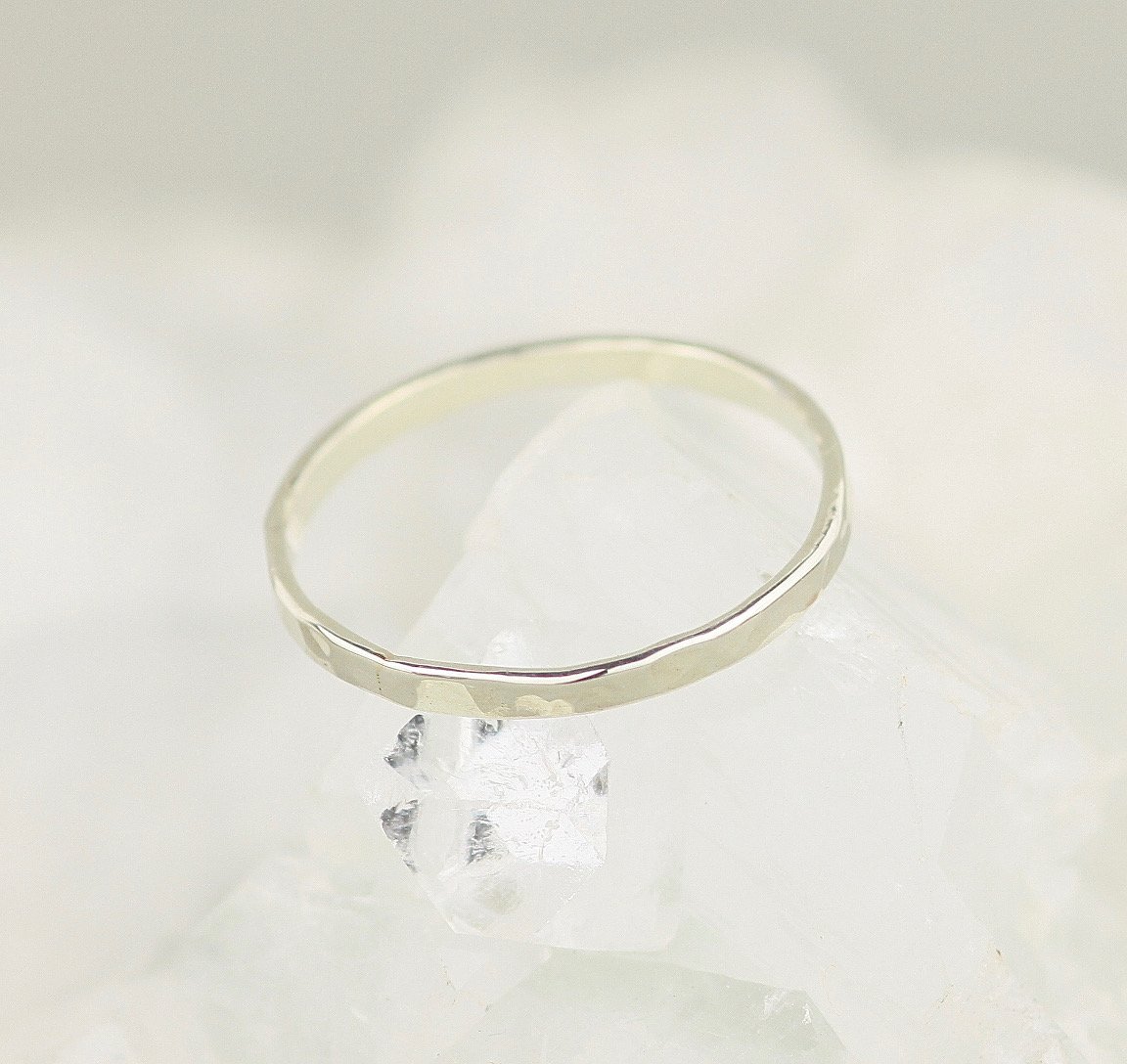 dainty hammered white gold wedding ring from above