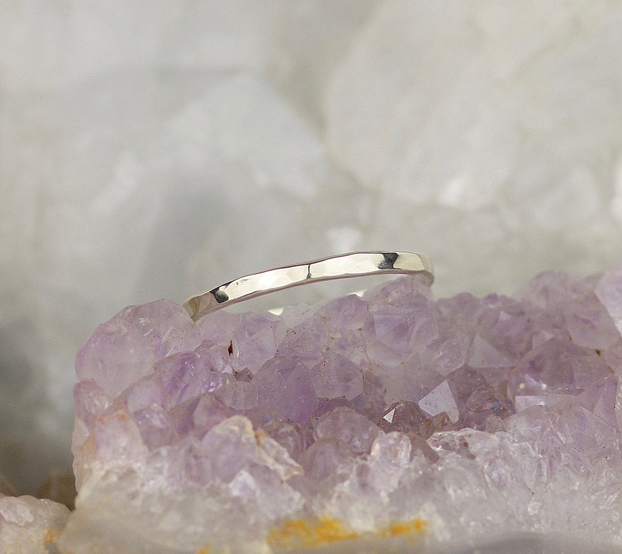 delicate white gold hammered wedding ring