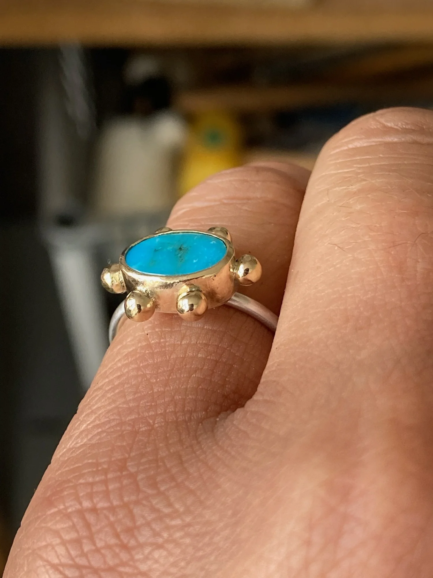 Small studded 9ct gold and silver turquoise ring sz K.JPG