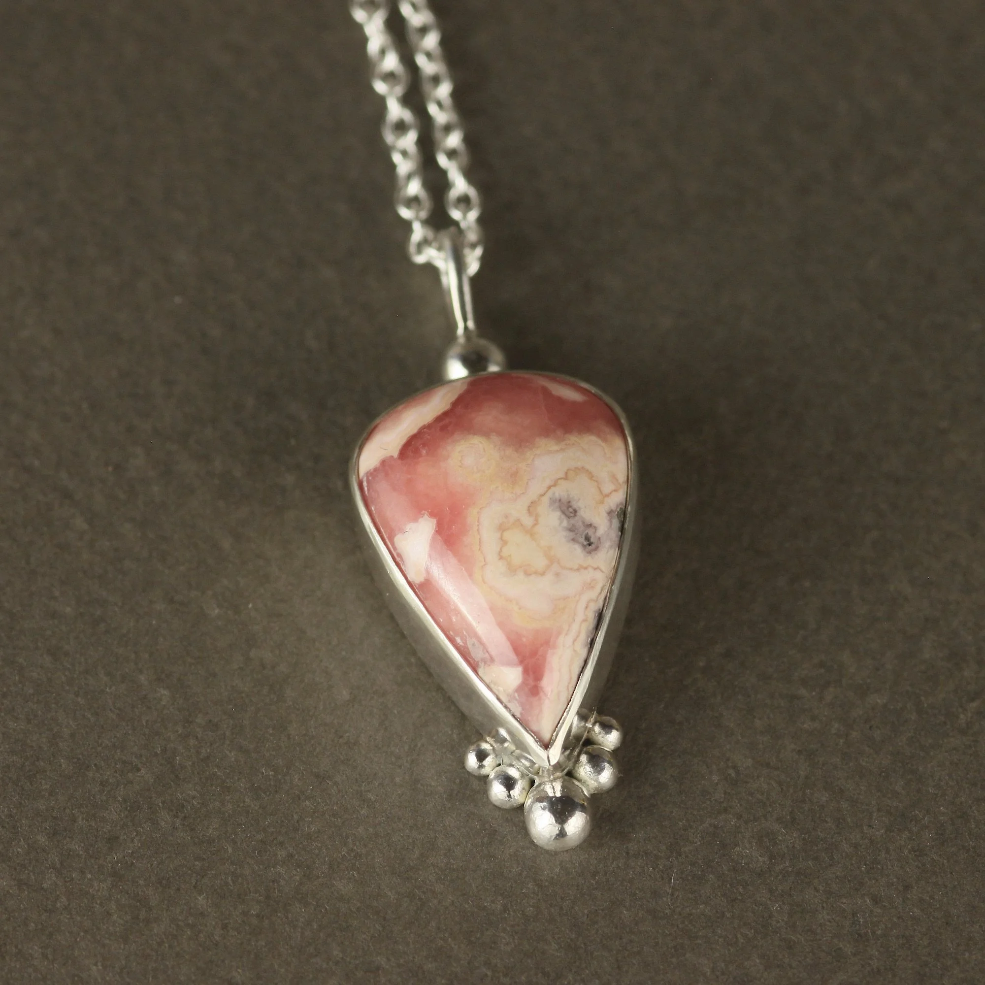 Rhodochrosite Silver Teardrop Studs Necklace
