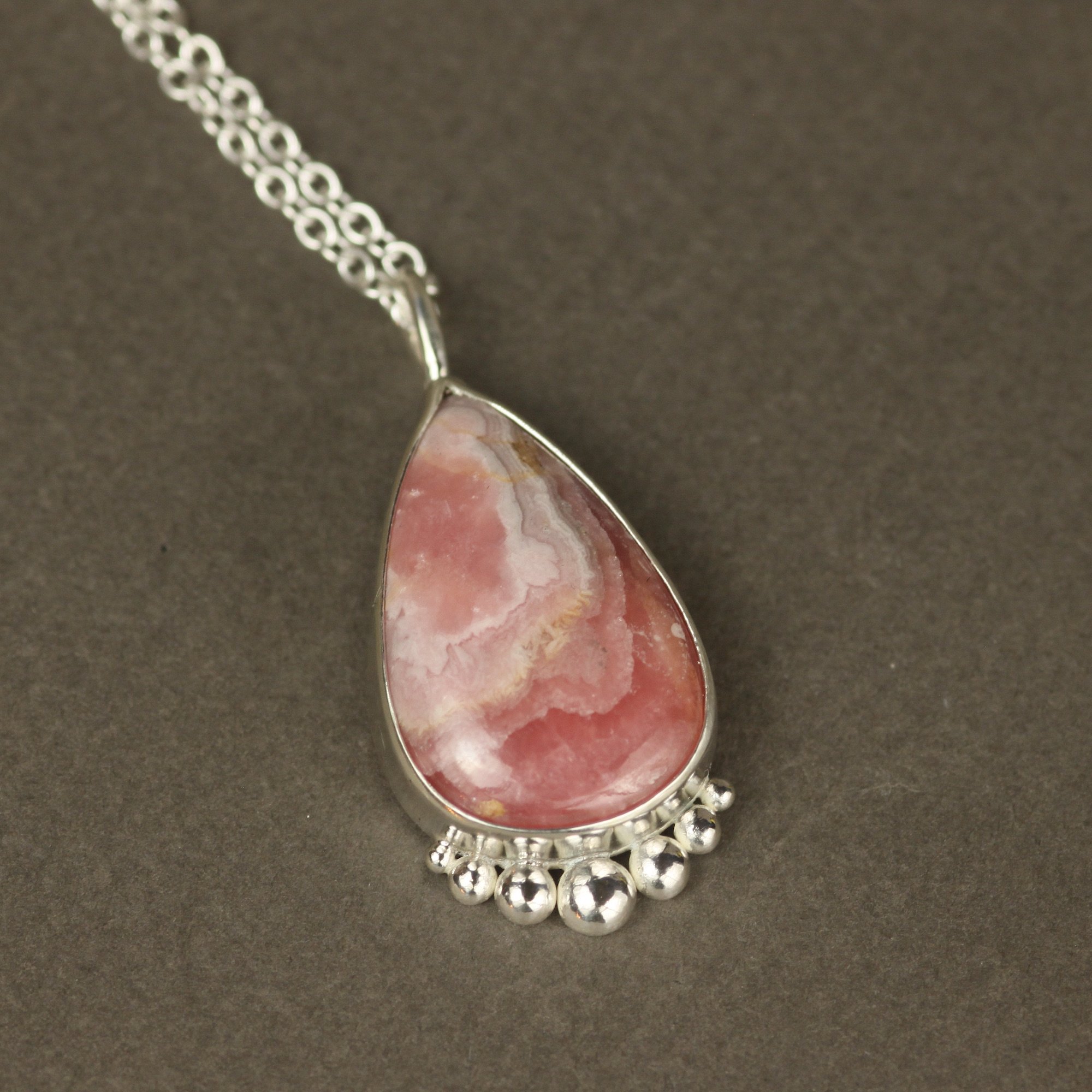 Rhodochrosite Silver Teardrop Studs Necklace