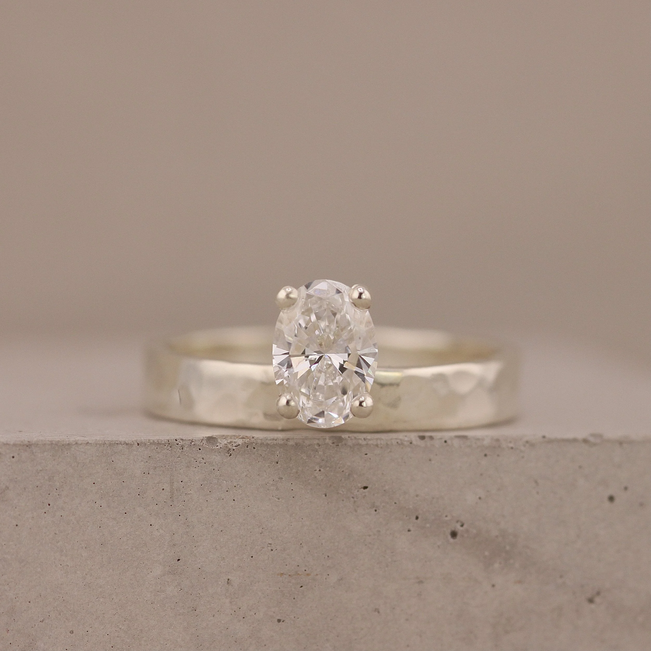 Custom Made Lab Diamond 9ct White Gold Hammered Engagement Ring