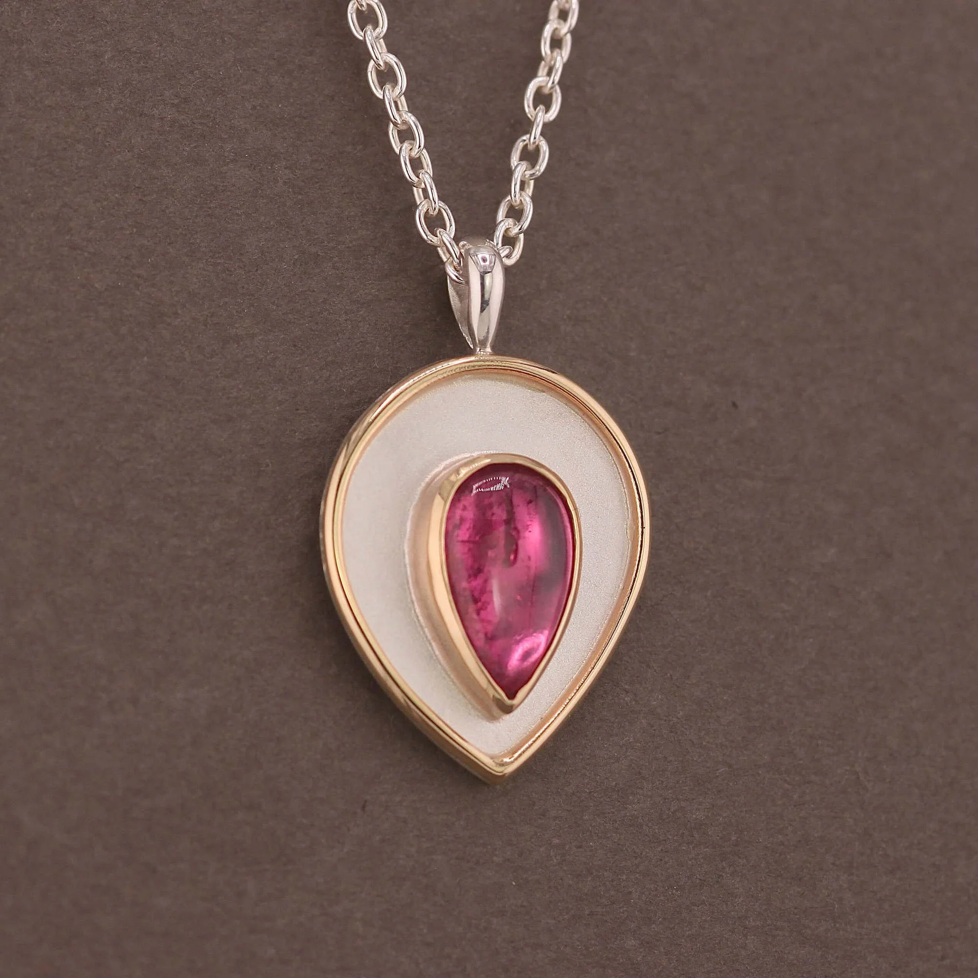 Pink tourmaline silver 14ct gold teardrop pendant necklace.JPG