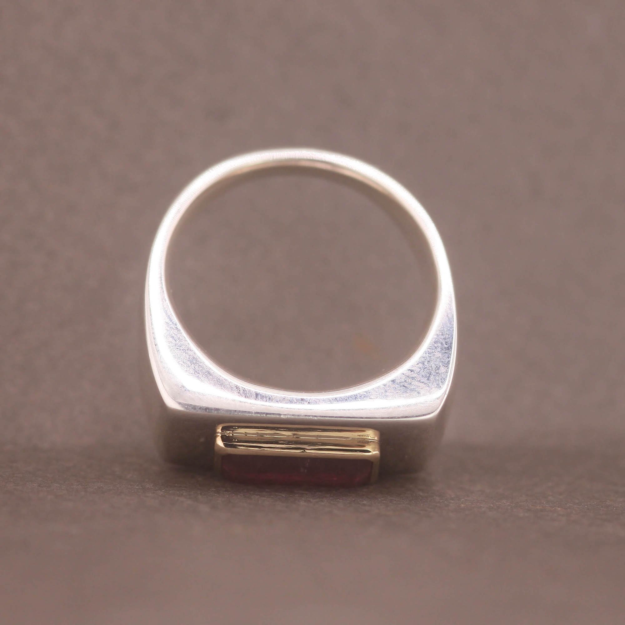 Pink tourmaline silver 14ct gold unisex rectangular signet ring.JPG
