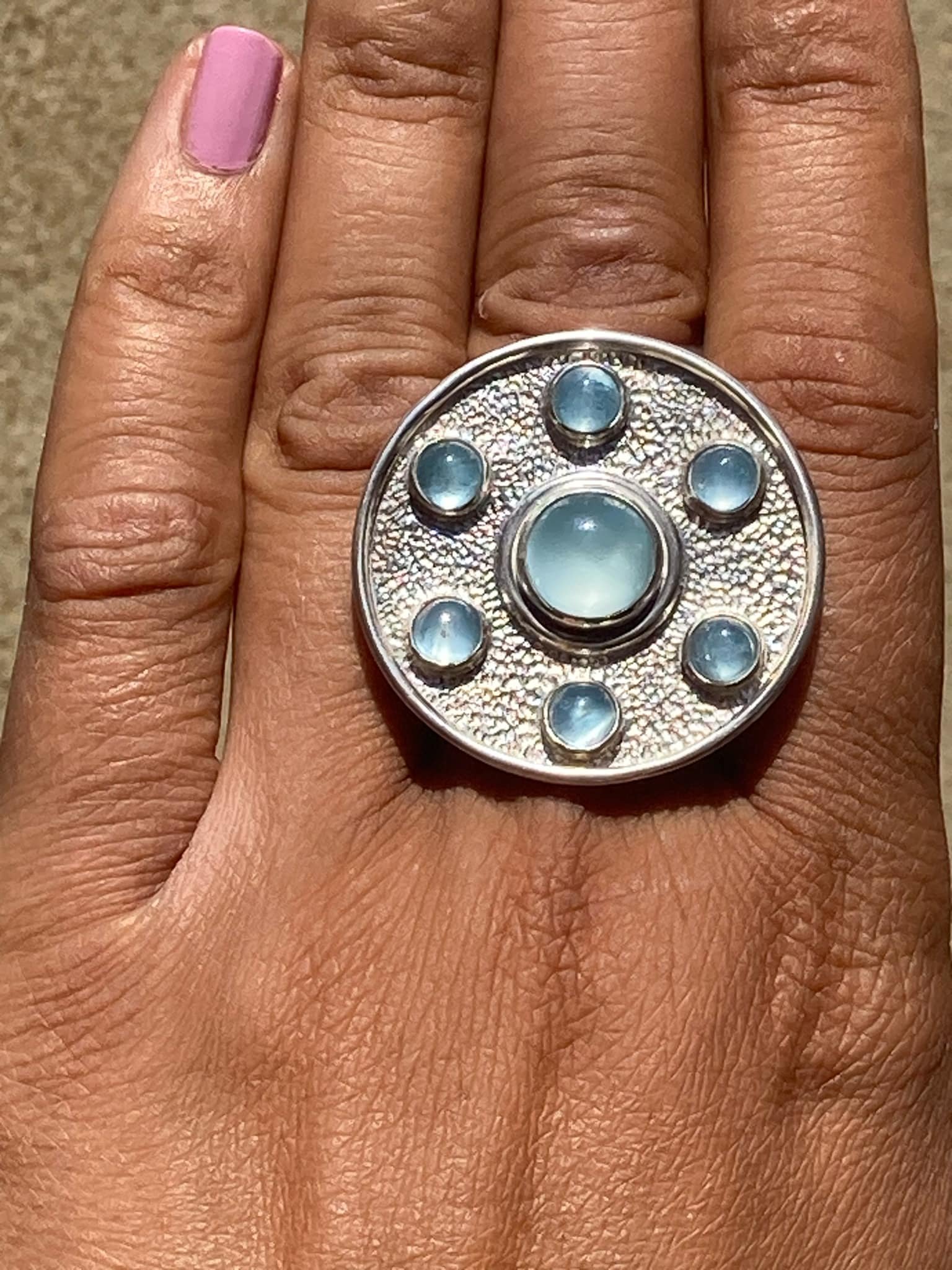large silver aquamarine Athena shield ring.jpeg