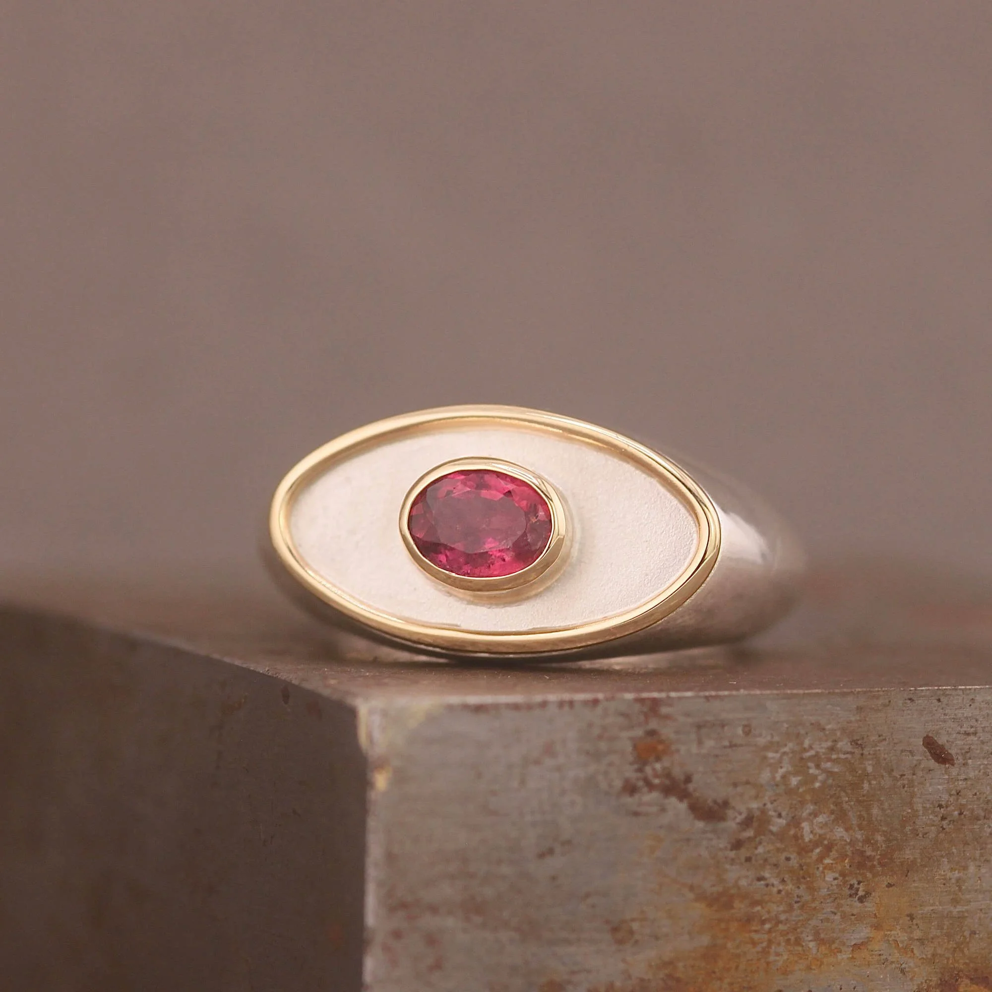 Pink tourmaline silver 14ct gold womens oval signet ring.JPG