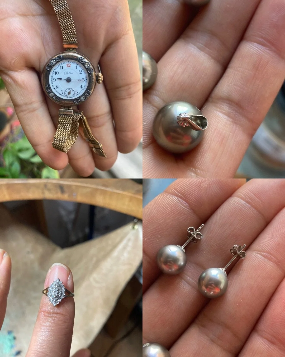 Original inherited jewellery before remodelling, including vintage watch, pearl studs and diamond cluster ring