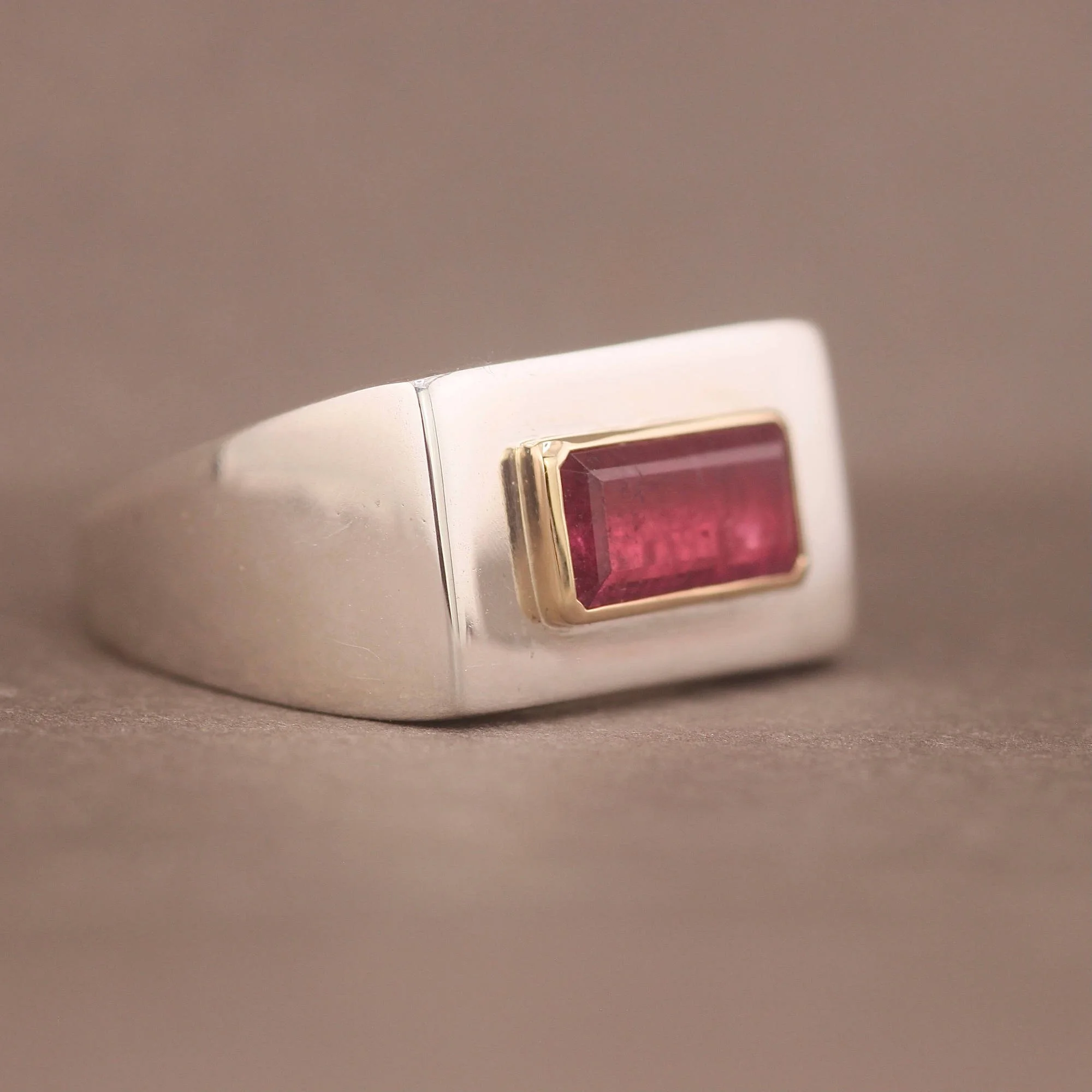 Pink tourmaline silver 14ct gold mens rectangle signet ring.JPG