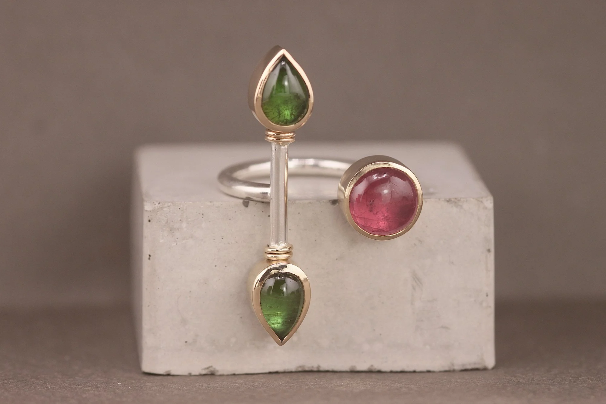 Green & Pink Tourmaline Modernist Ring in Silver & 14ct Gold
