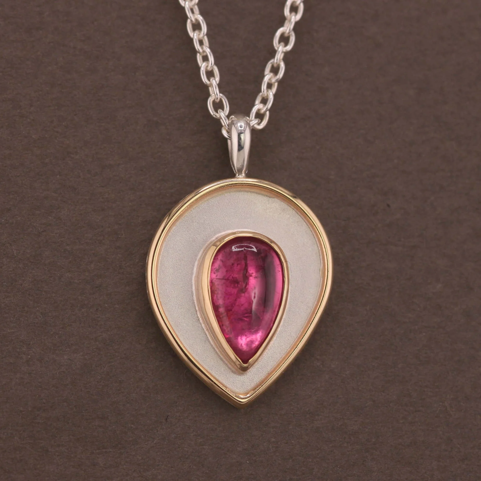Pink tourmaline silver 14ct gold pear shaped pendant necklace.JPG