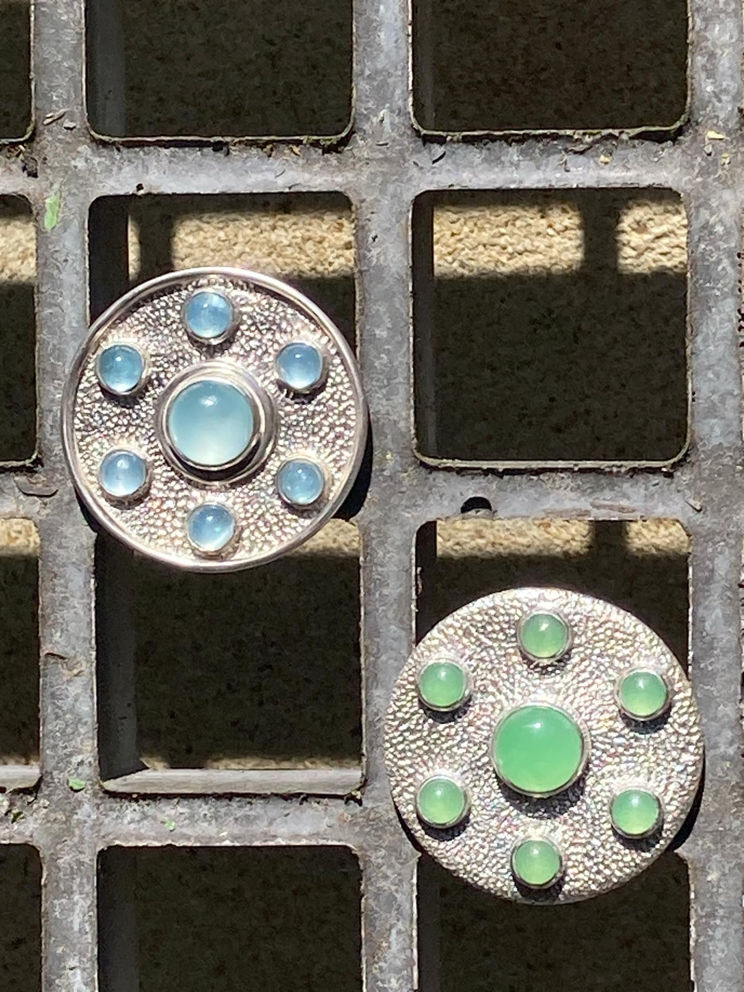 silver aquamarine & chrysoprase Athena shield ring.jpeg
