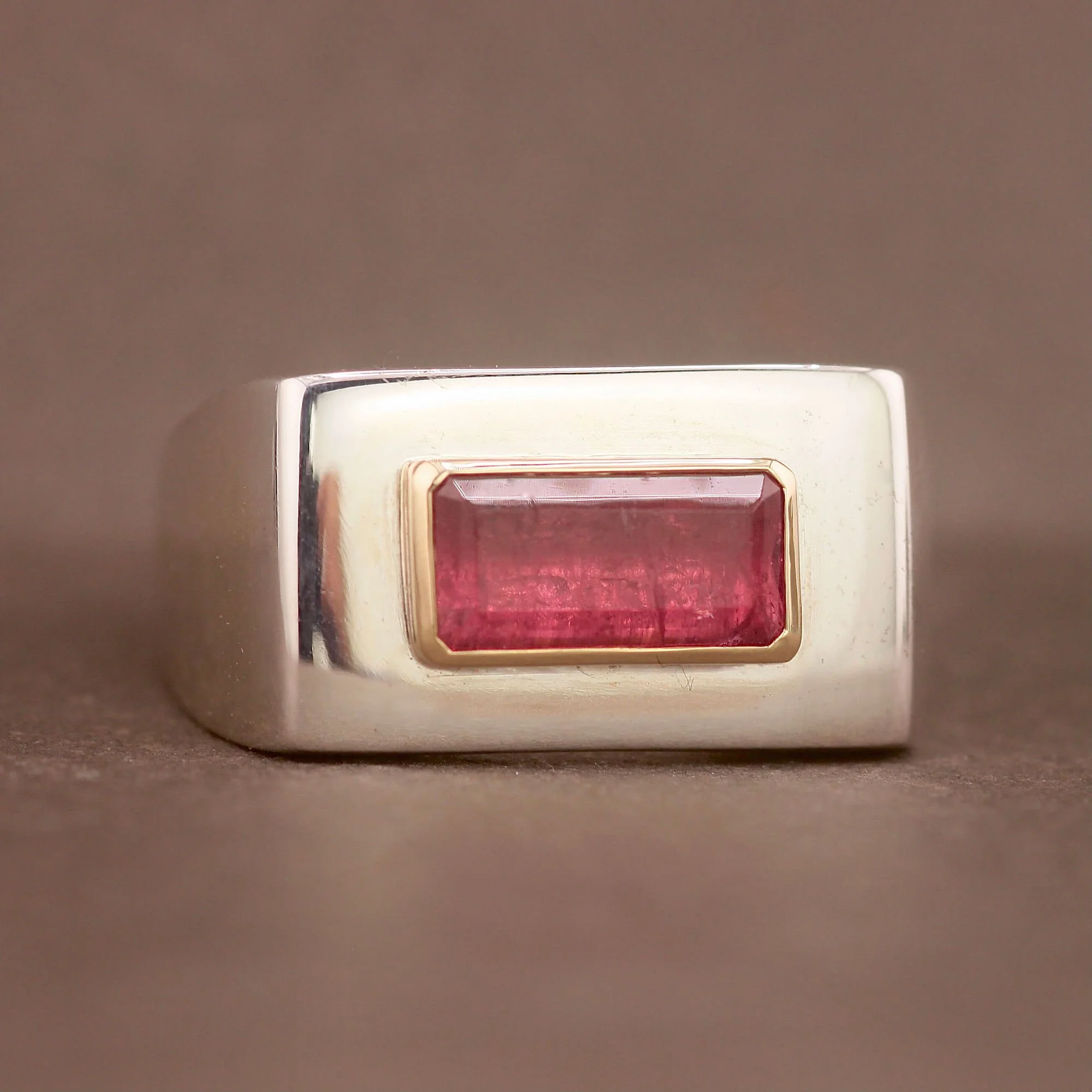 Pink tourmaline silver 14ct gold unisex rectangle signet ring.JPG