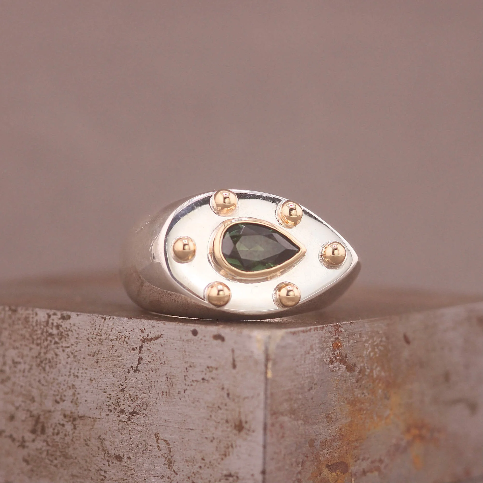 Green tourmaline silver 14ct gold pear shaped signet ring.JPG