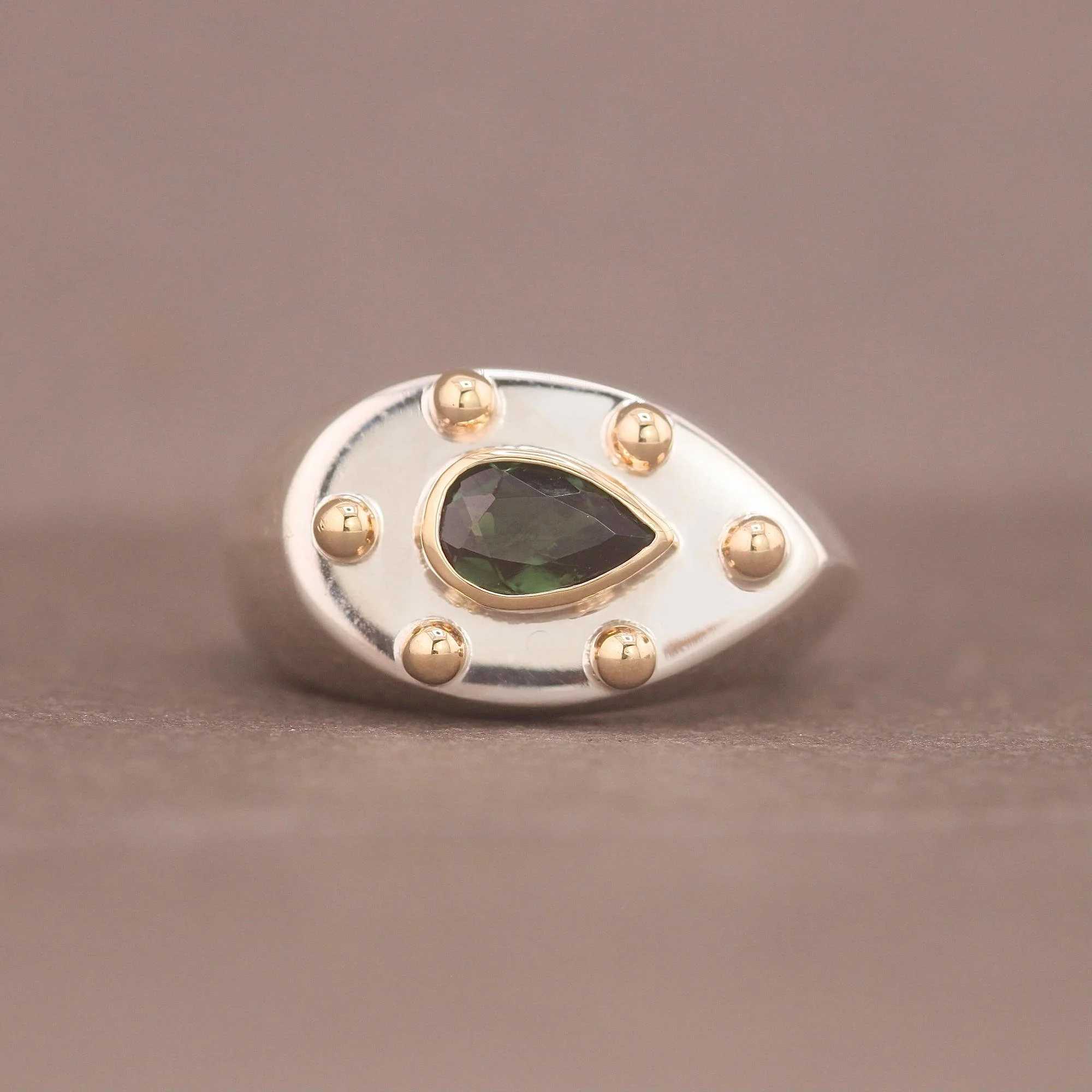Green tourmaline silver 14ct gold teardrop signet ring.JPG