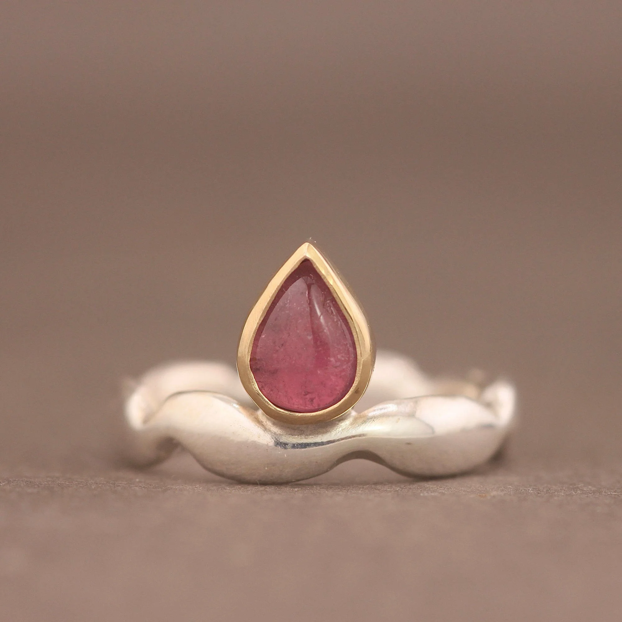 Pink tourmaline silver 9ct gold teardrop surrealist ring.JPG