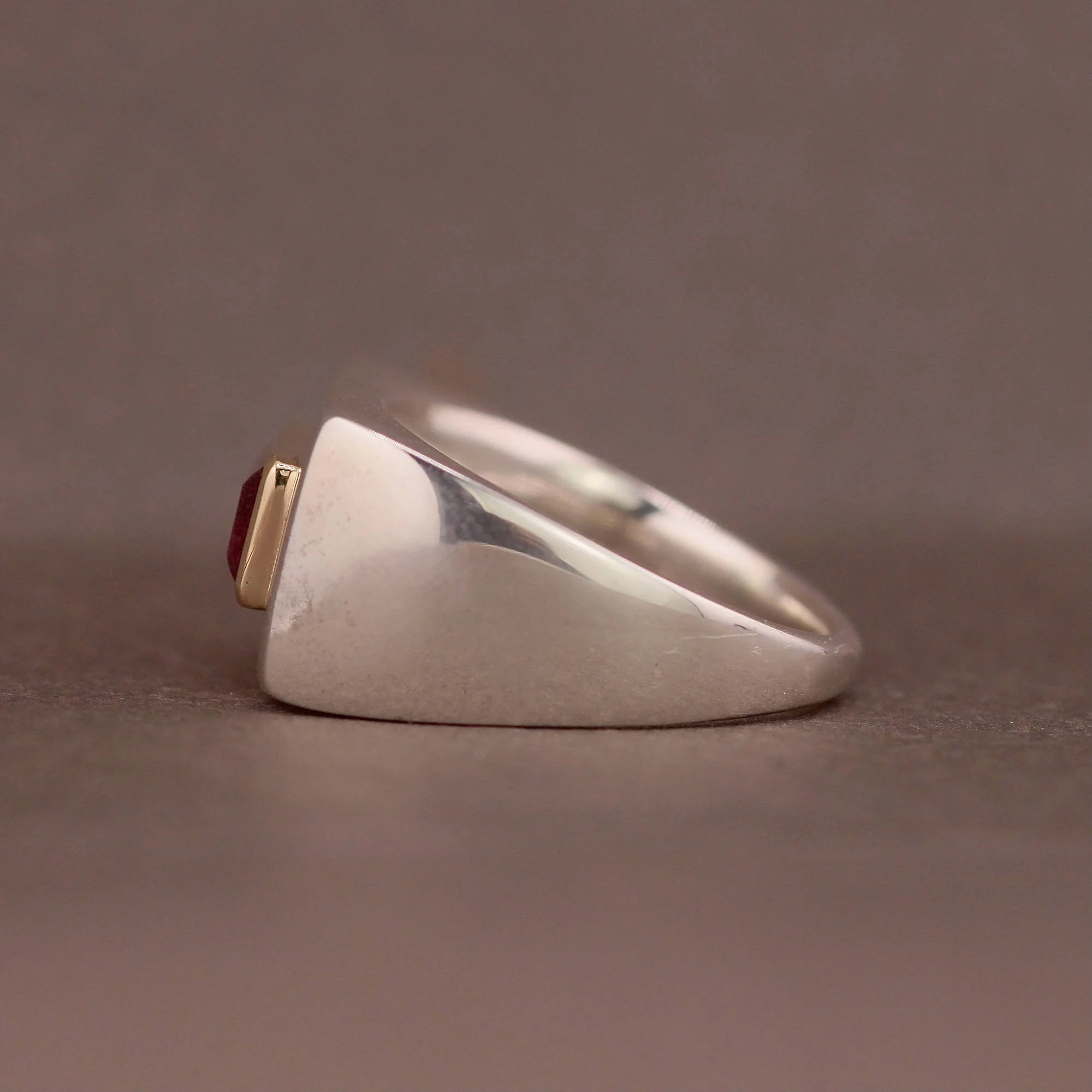 Pink tourmaline silver 14ct gold unisex rectangle statement signet ring.JPG