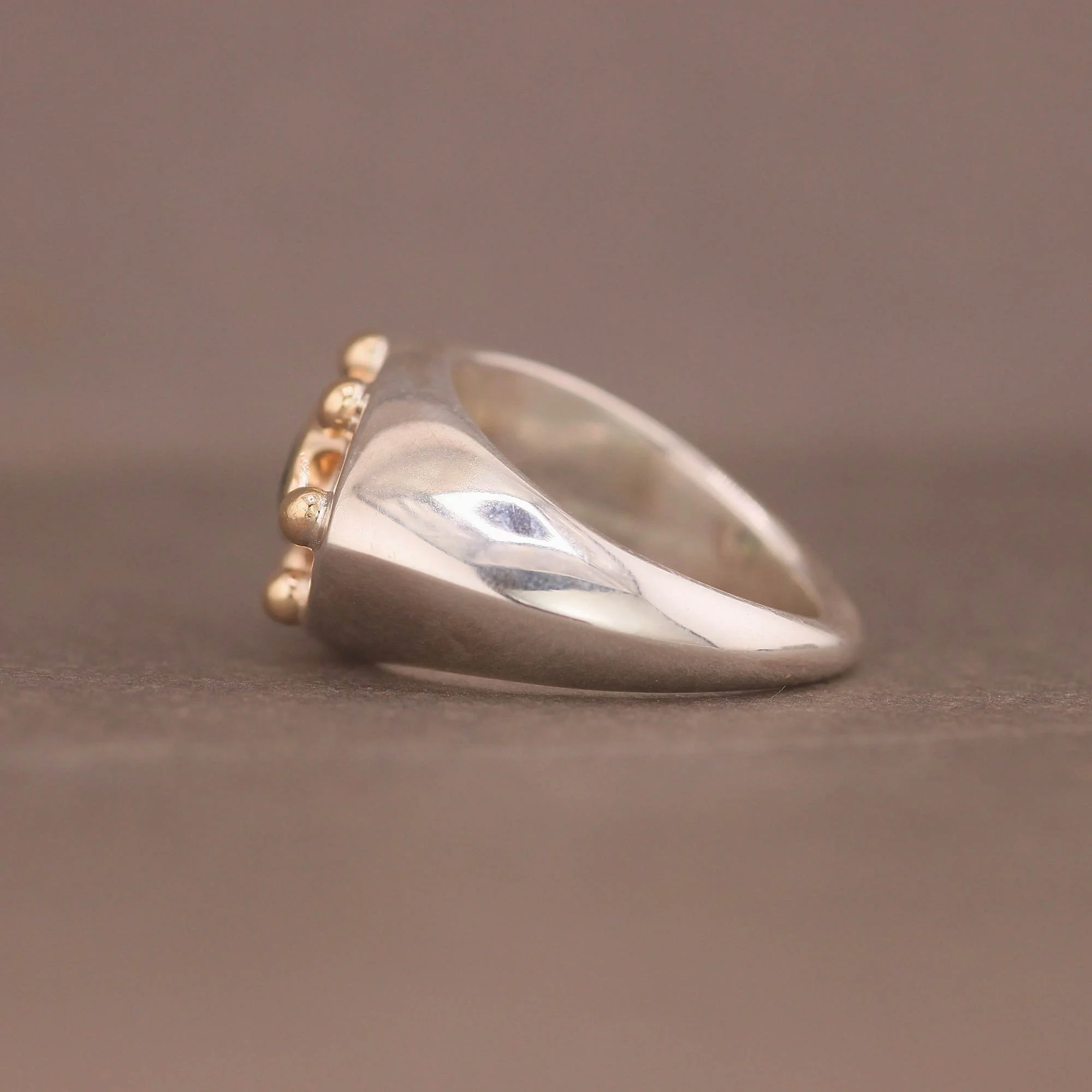 Green tourmaline silver 14ct gold pear signet ring.JPG