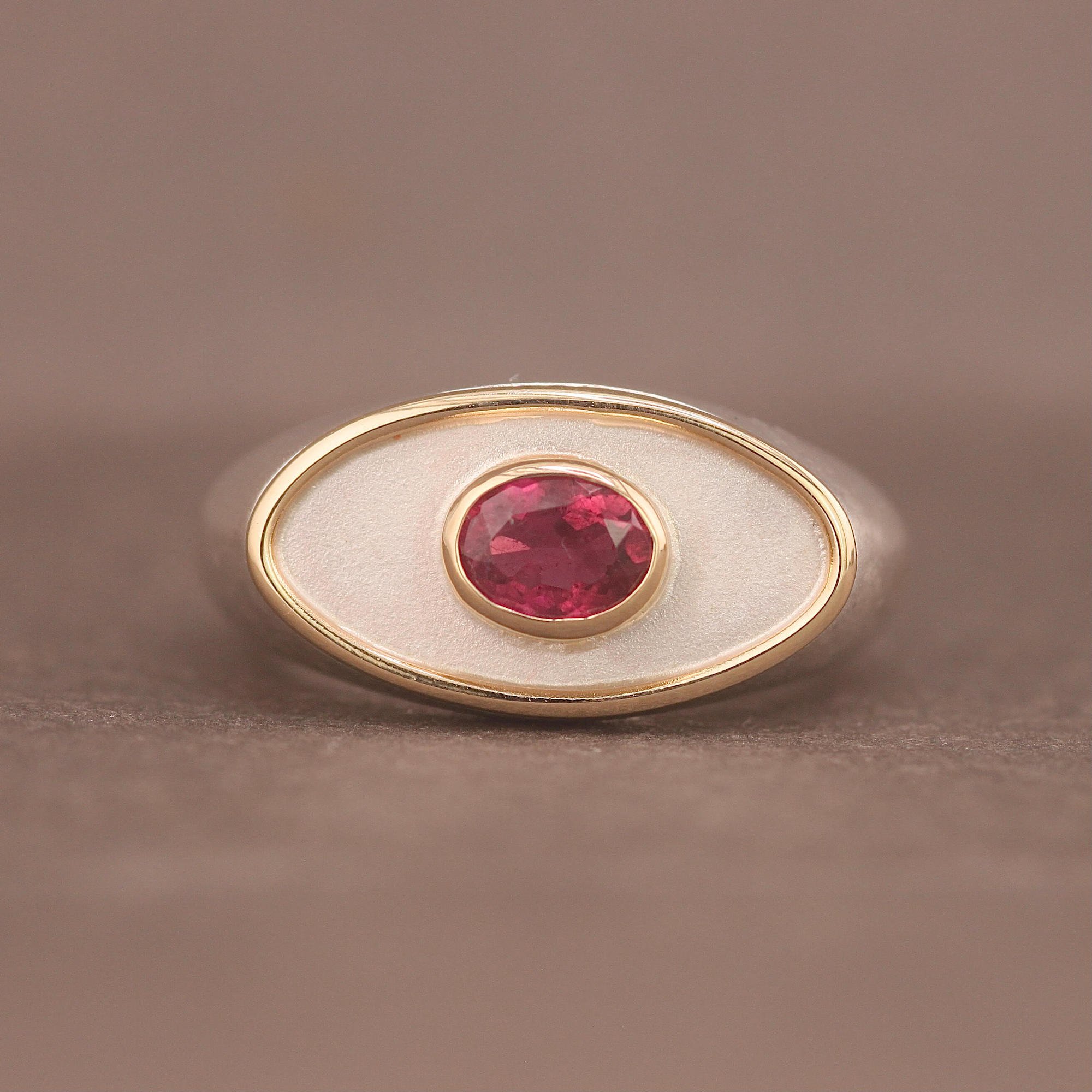 Pink tourmaline silver 14ct gold oval signet ring.JPG