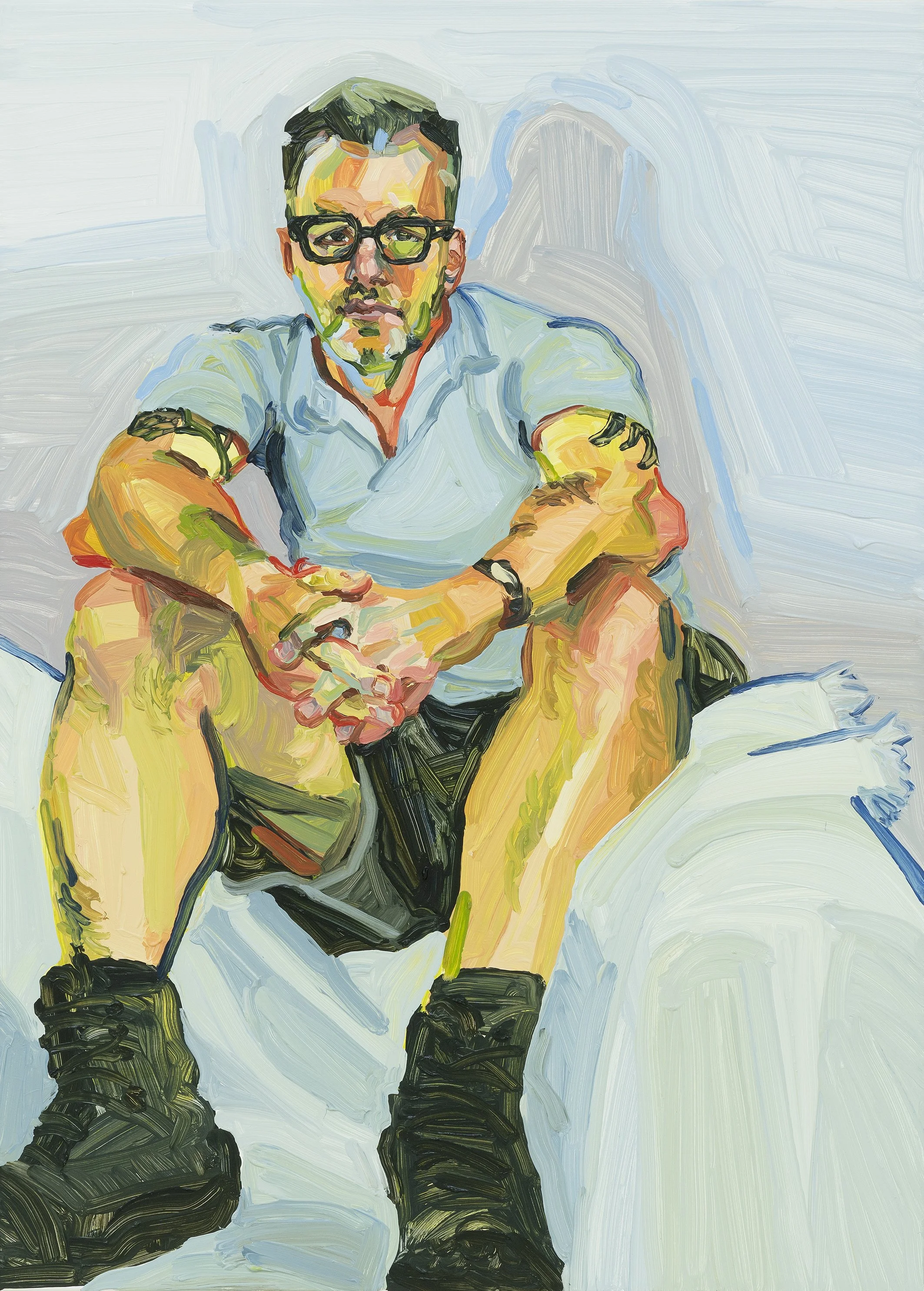  my dad never took his work boots off before bedtime  
Oil on linen 
80 x 110 cm 
£ 5,500 
 