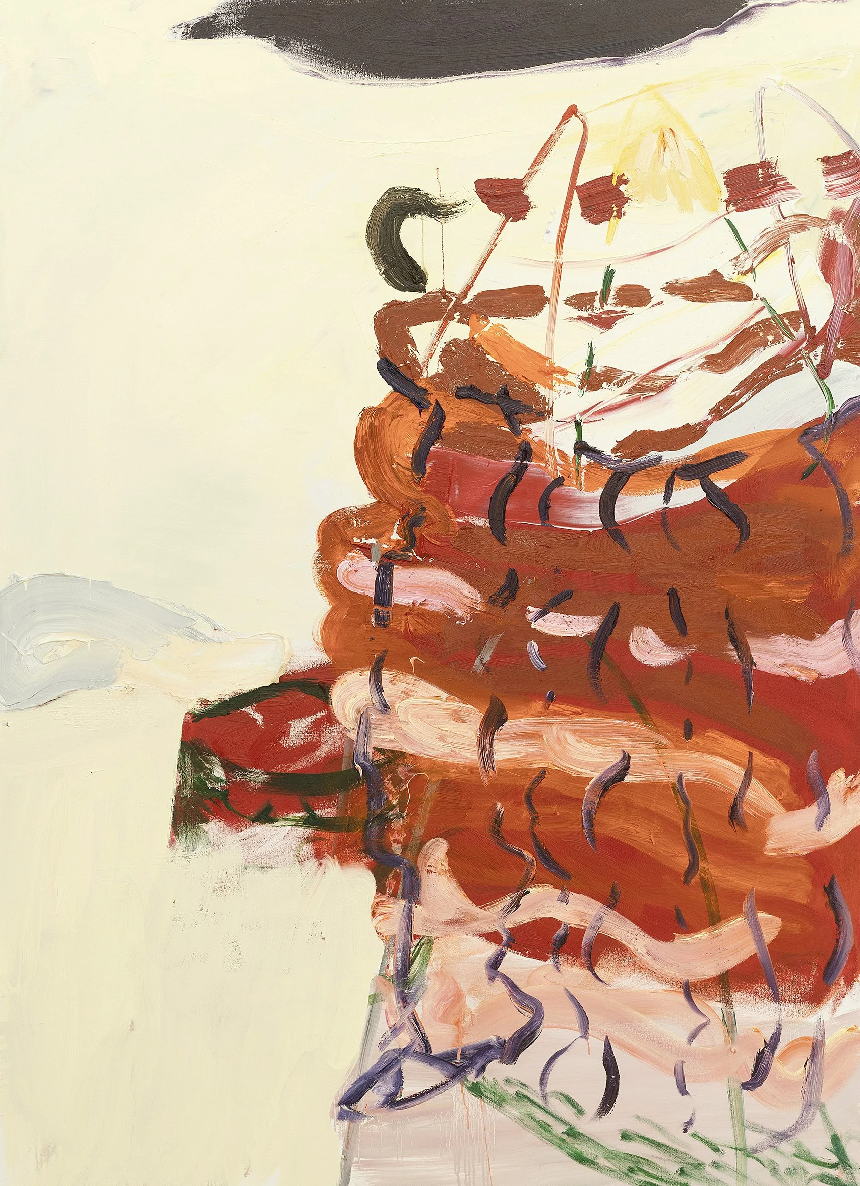  Olivia Guillot  
 Higher Up the Pecking Order, a Shadow Fell Through. The Ground Absorbing Sound, Drew Me to You , 2026 
Oil on canvas 
185 × 135 cm 
£ 
 