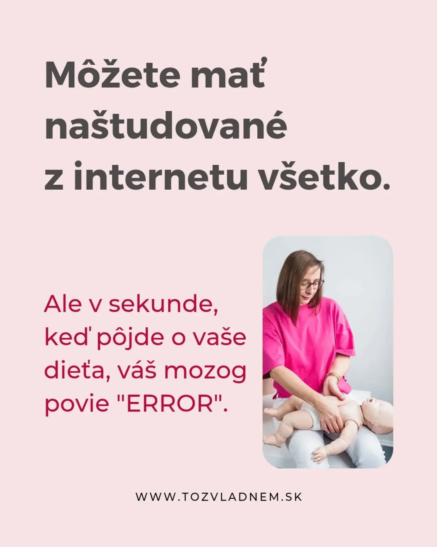 Najťaž&scaron;ie na prvej pomoci je
ZVL&Aacute;DNUŤ VLASTN&Eacute; EM&Oacute;CIE.

Keď ide o va&scaron;e dieťa,
mozog vypne logiku ako vyp&iacute;nač.
A to sa ned&aacute; odnaučiť videom na YouTube.

Moje klientky po kurze hovoria:

"Konečne nem