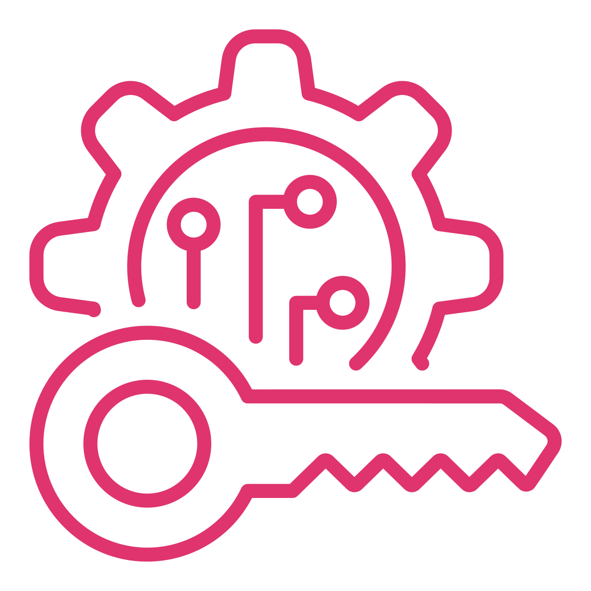 Pink outline of a gear, clock, and saw on a black background.