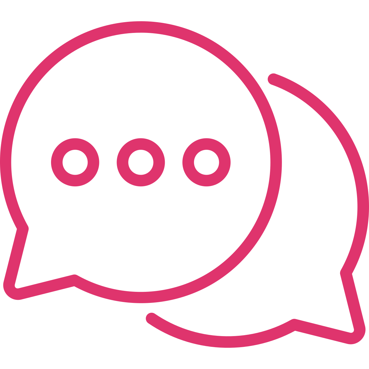 Outline of two overlapping speech bubbles with three dots inside one bubble, in pink color.