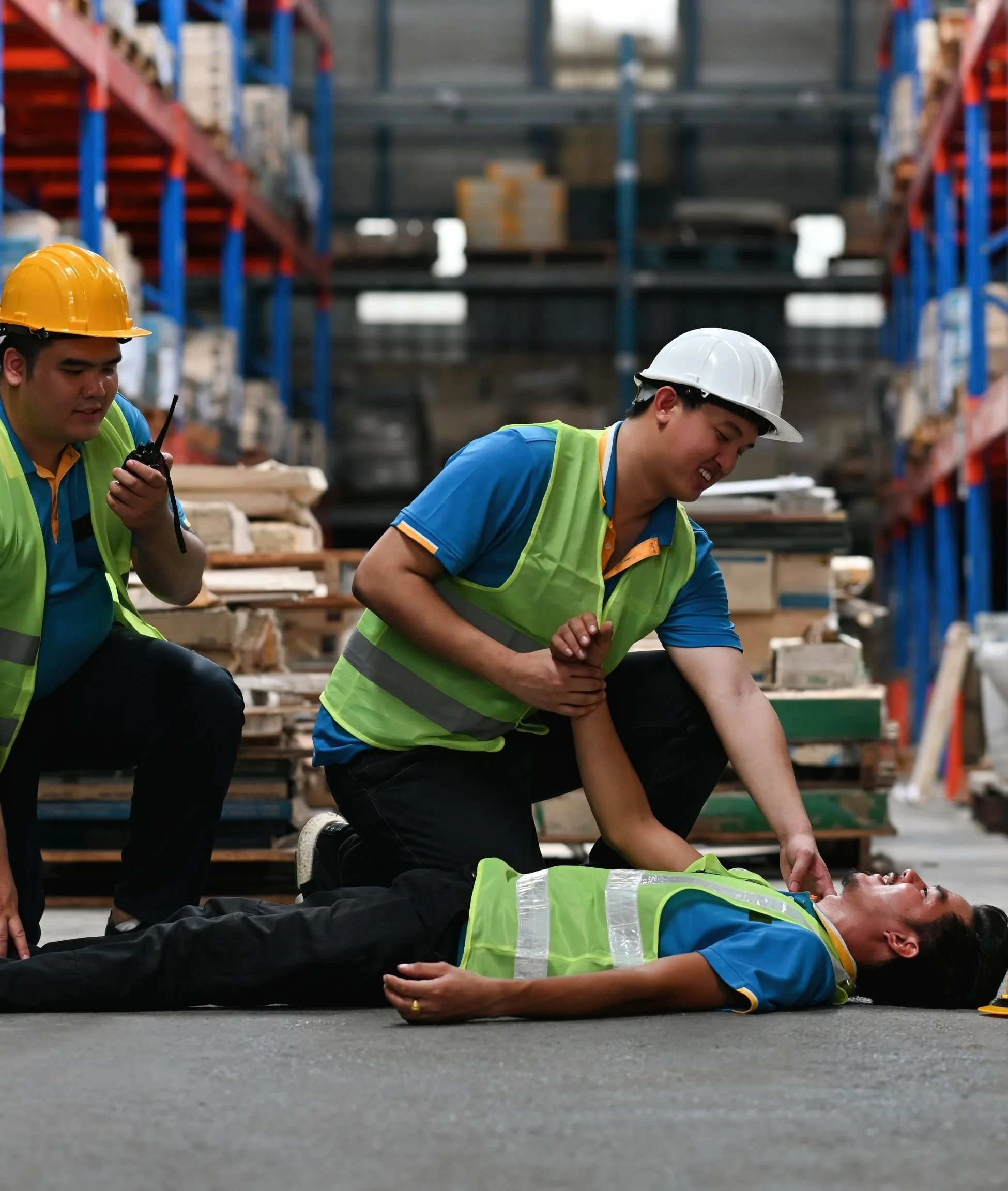 A woman practicing CPR on a training manikin with a white background.