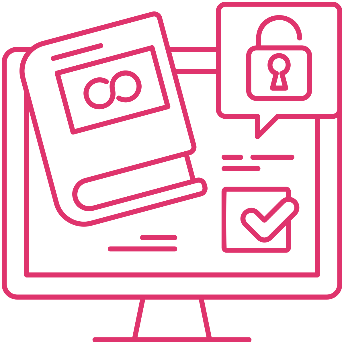 Illustration of a computer monitor displaying icons including a book with an infinity symbol, a speech bubble with a lock, and a checkmark in a box, all in pink outline style.