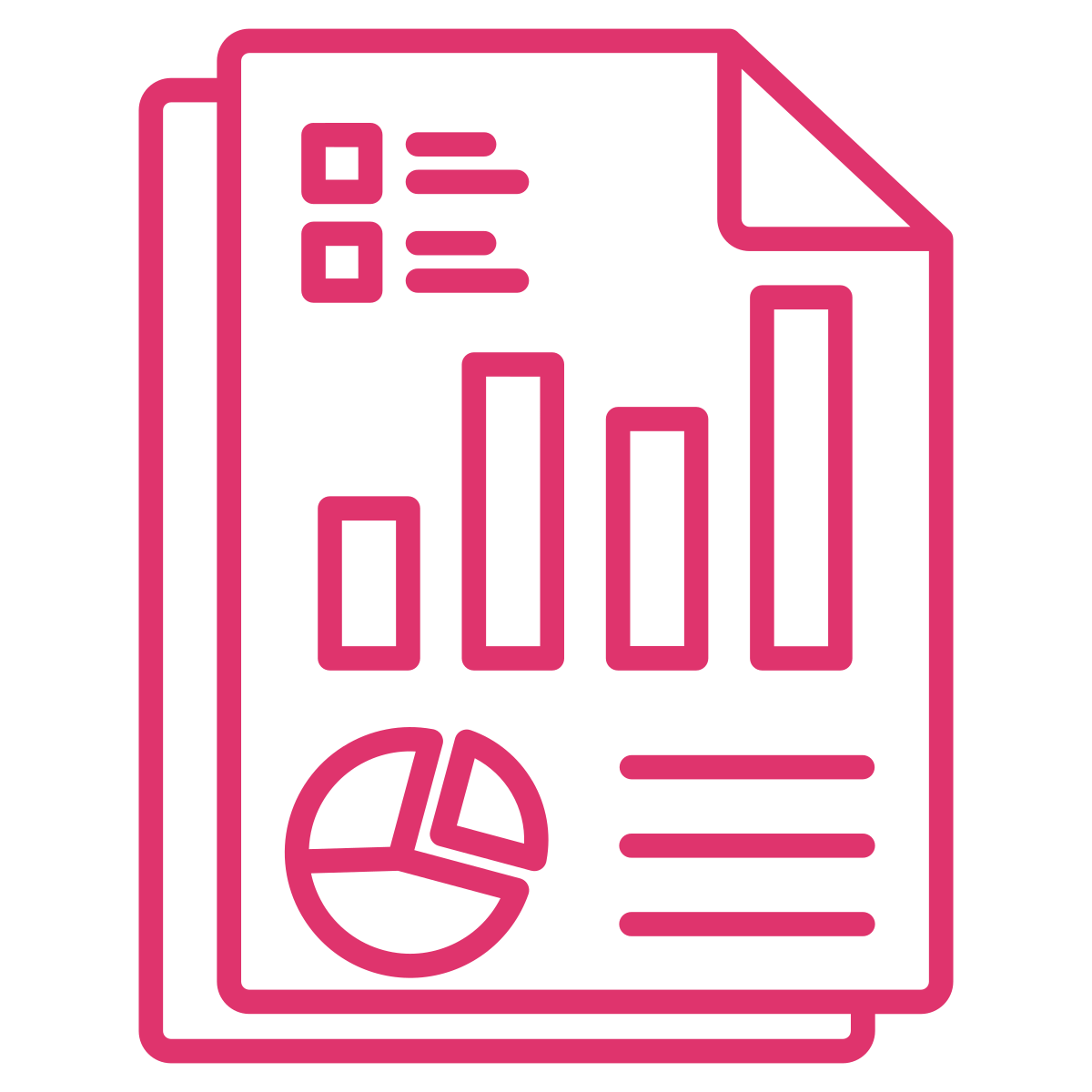 Pink outline icon of a business report or data analysis sheet showing bar graphs, a pie chart, and text lines.