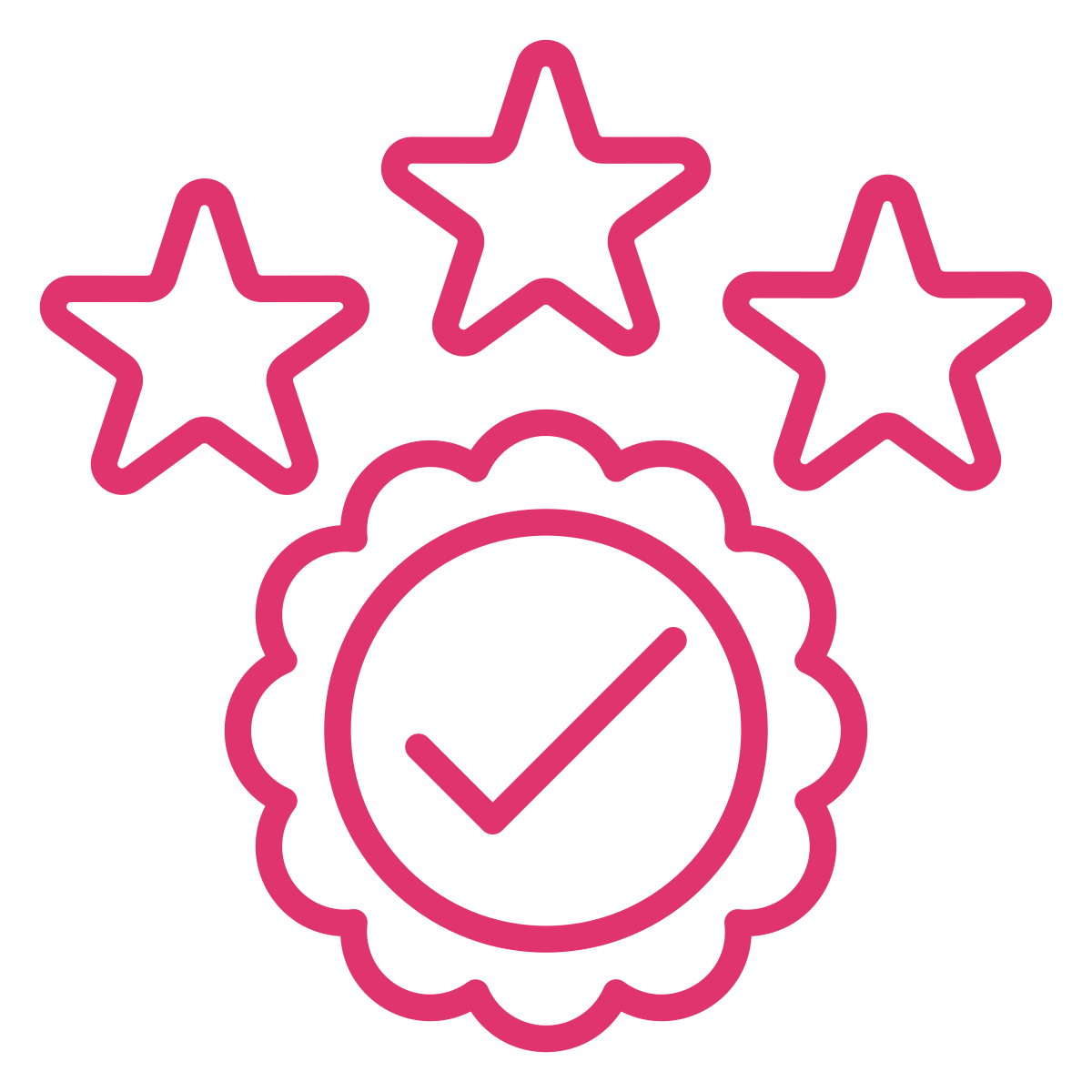 Pink neon outline of a badge with a checkmark surrounded by three stars.