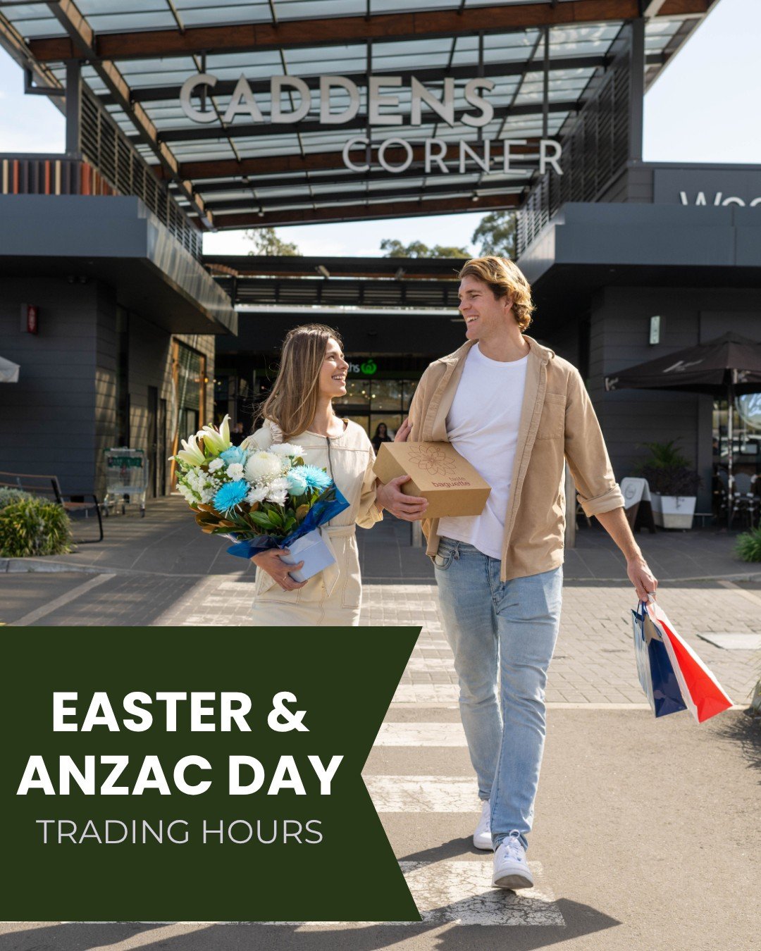 EASTER &amp; ANZAC DAY HOLIDAY TRADE 🐰📆 ⤵️

Good Friday (3 April)
Centre: CLOSED

Easter Saturday (4 April)
Centre: 9:00am &ndash; 5:00pm
Woolworths: 7:00am &ndash; 10:00pm

Easter Sunday (5 April)
Centre: CLOSED

Easter Monday (6 April)
Centre: 10