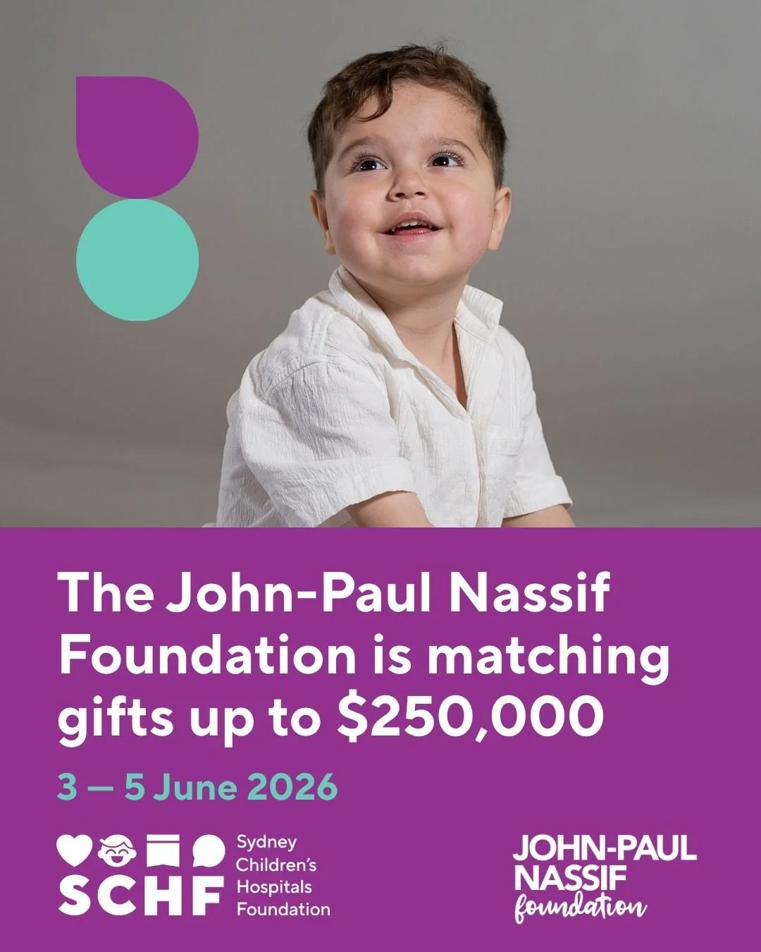 💜 Your donation can do double the good. 💜⠀
⠀
For a limited time, the John-Paul Nassif Foundation is matching every donation to the Sydney Sick Kids Appeal, dollar for dollar, up to $250,000!⠀
⠀
Every contribution helps support sick children and the