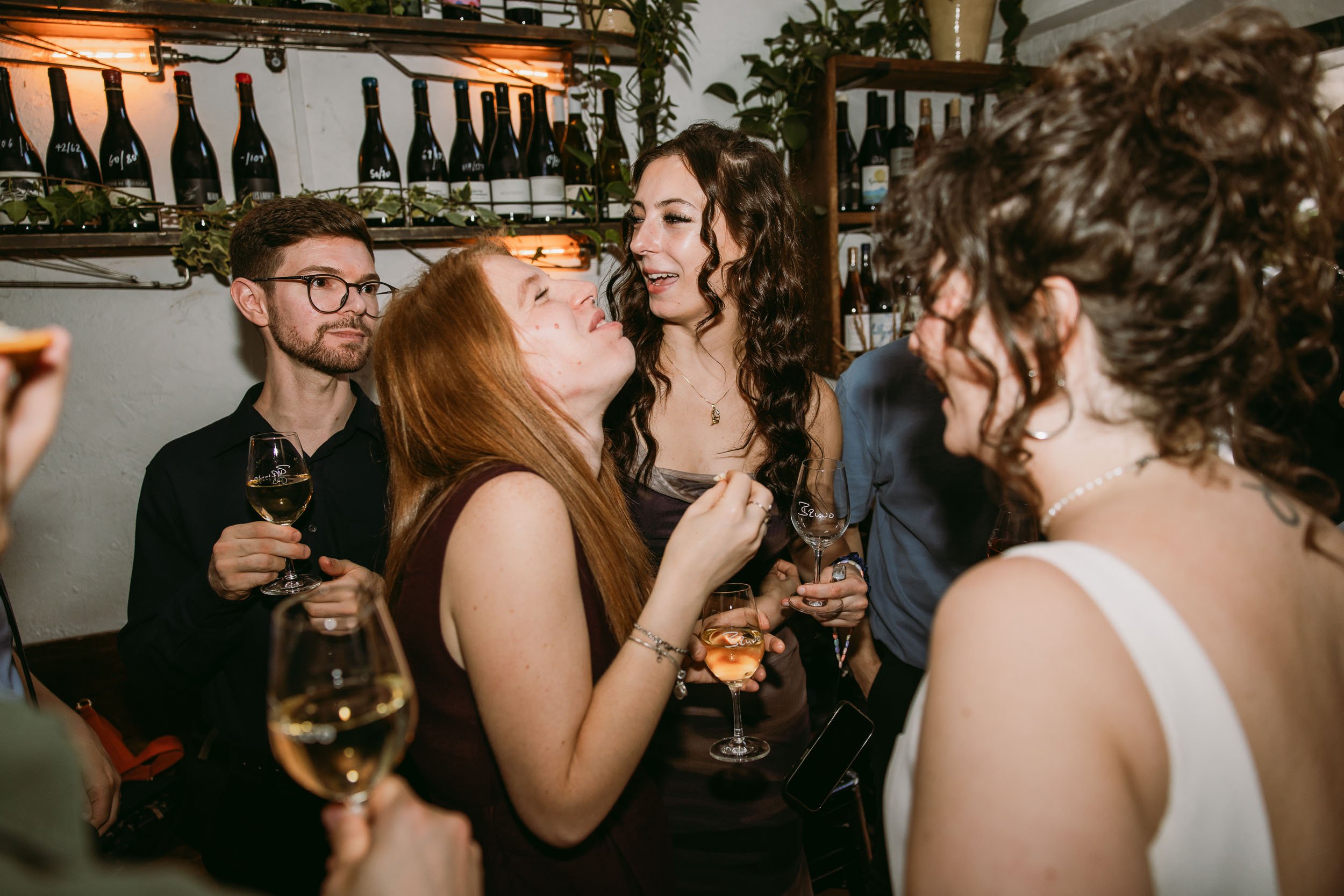 wedding guests enjoying wedding party at bruno wine bar victoria park london