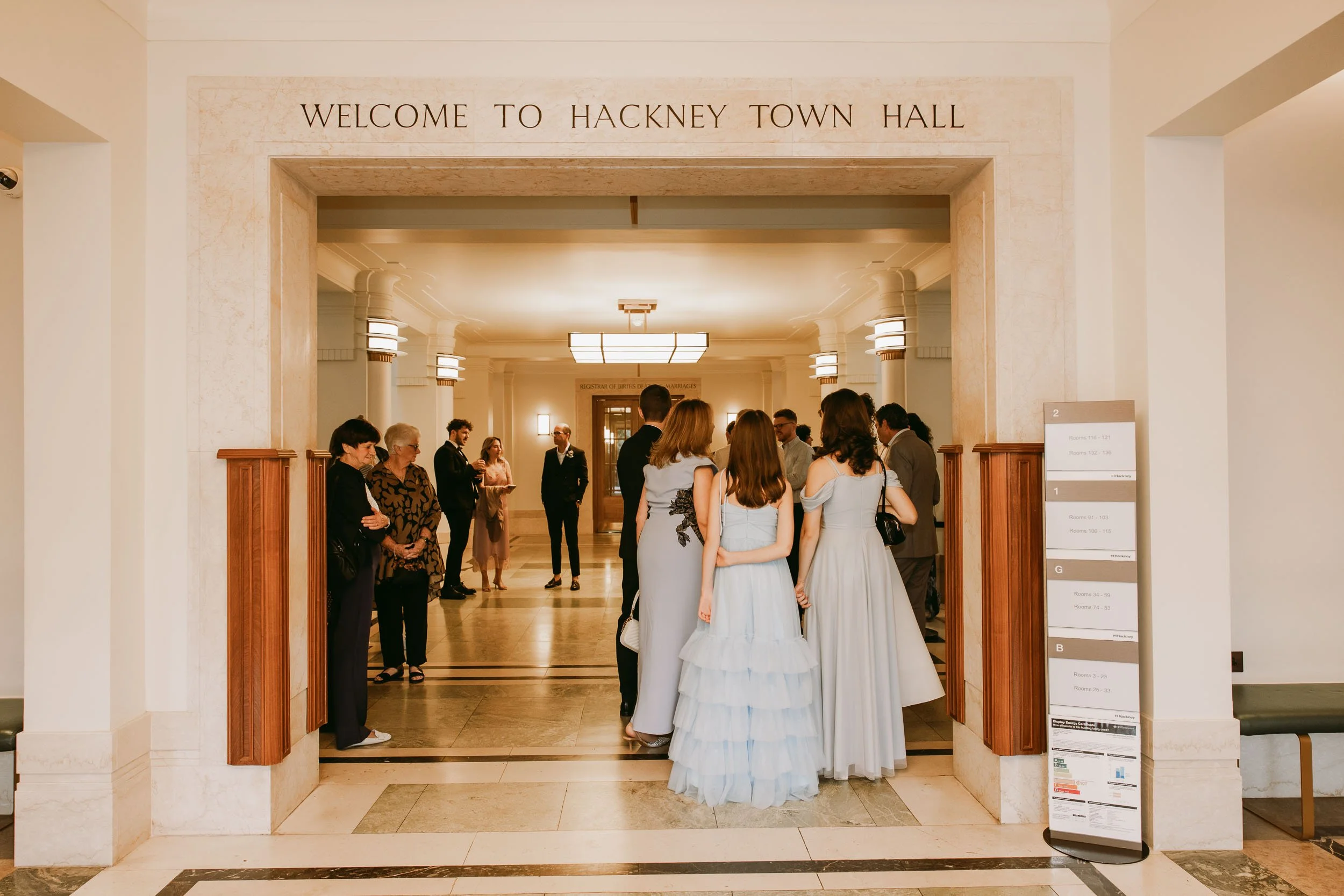 guests arrival at hackney town hall wedding in London