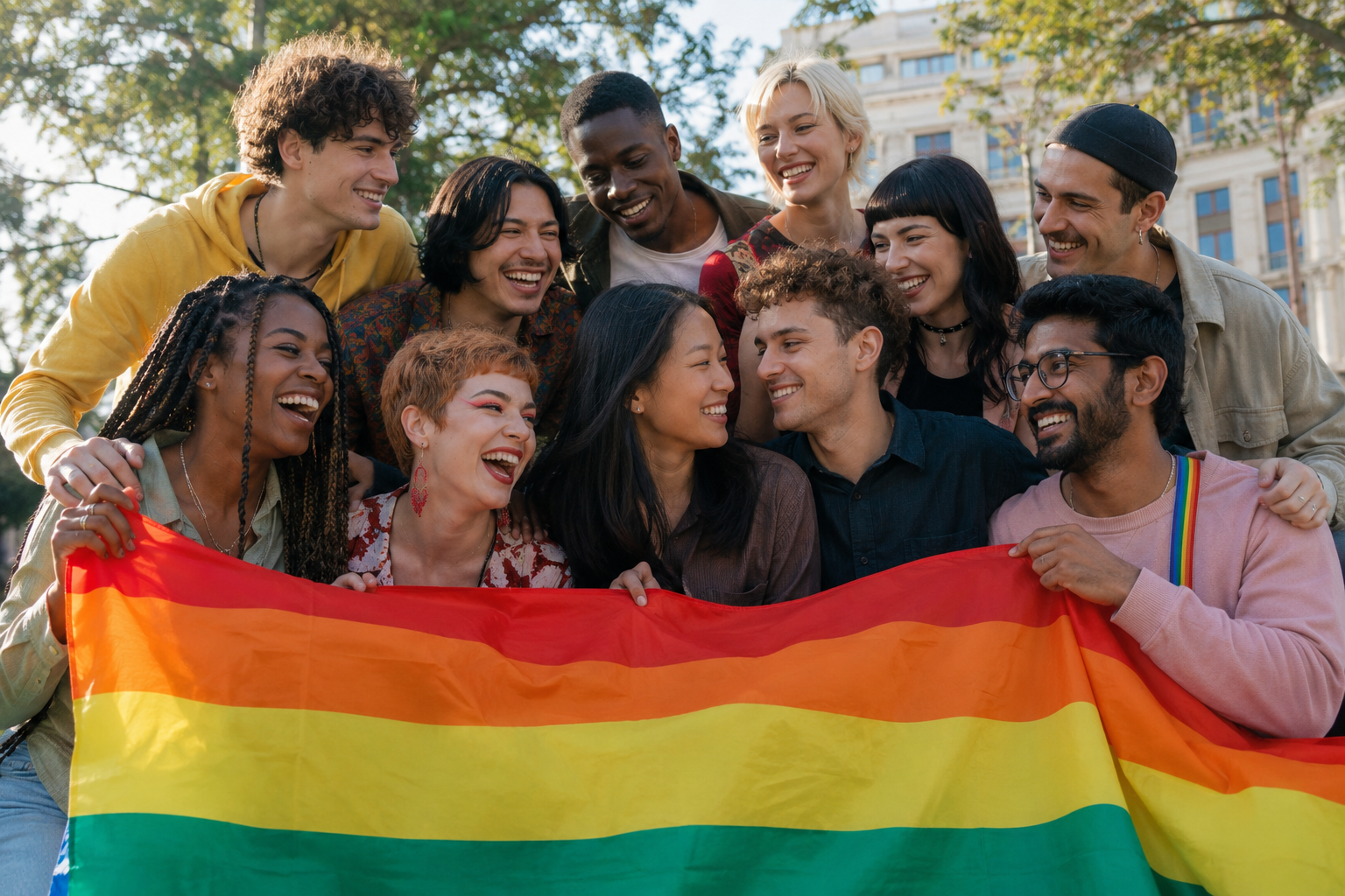 Diverse group of individuals all gathered holding a LGBTQ pride flag.