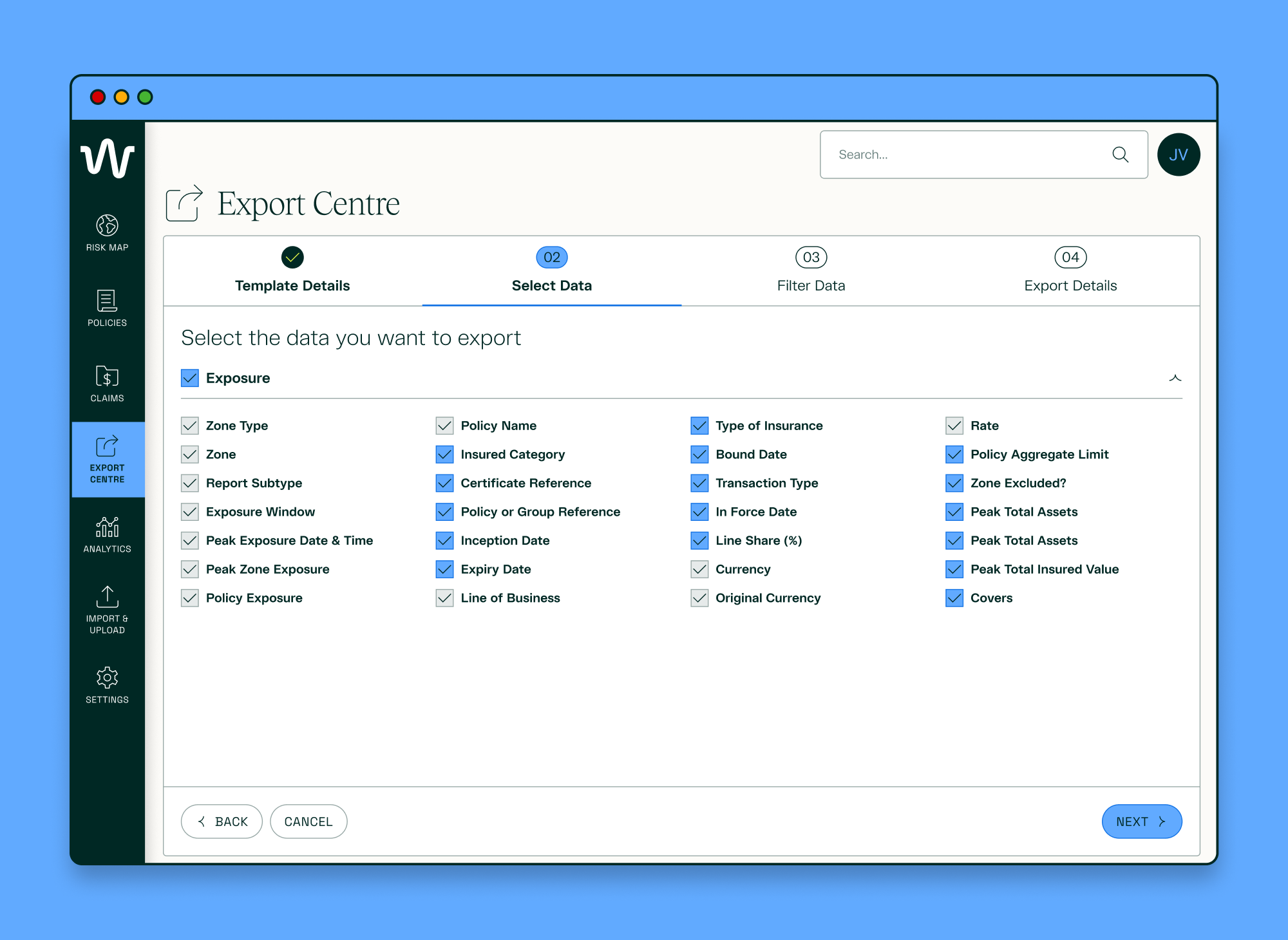 Export Centre - Create Template - Select Data