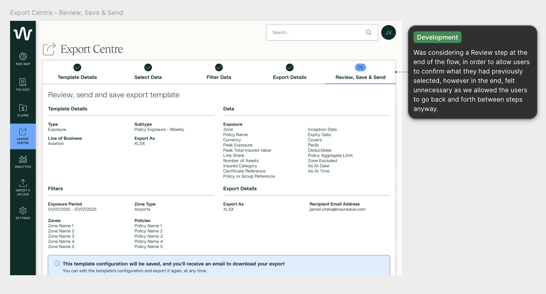 Platform UI Screen showing Export Centre Review Step with annotation