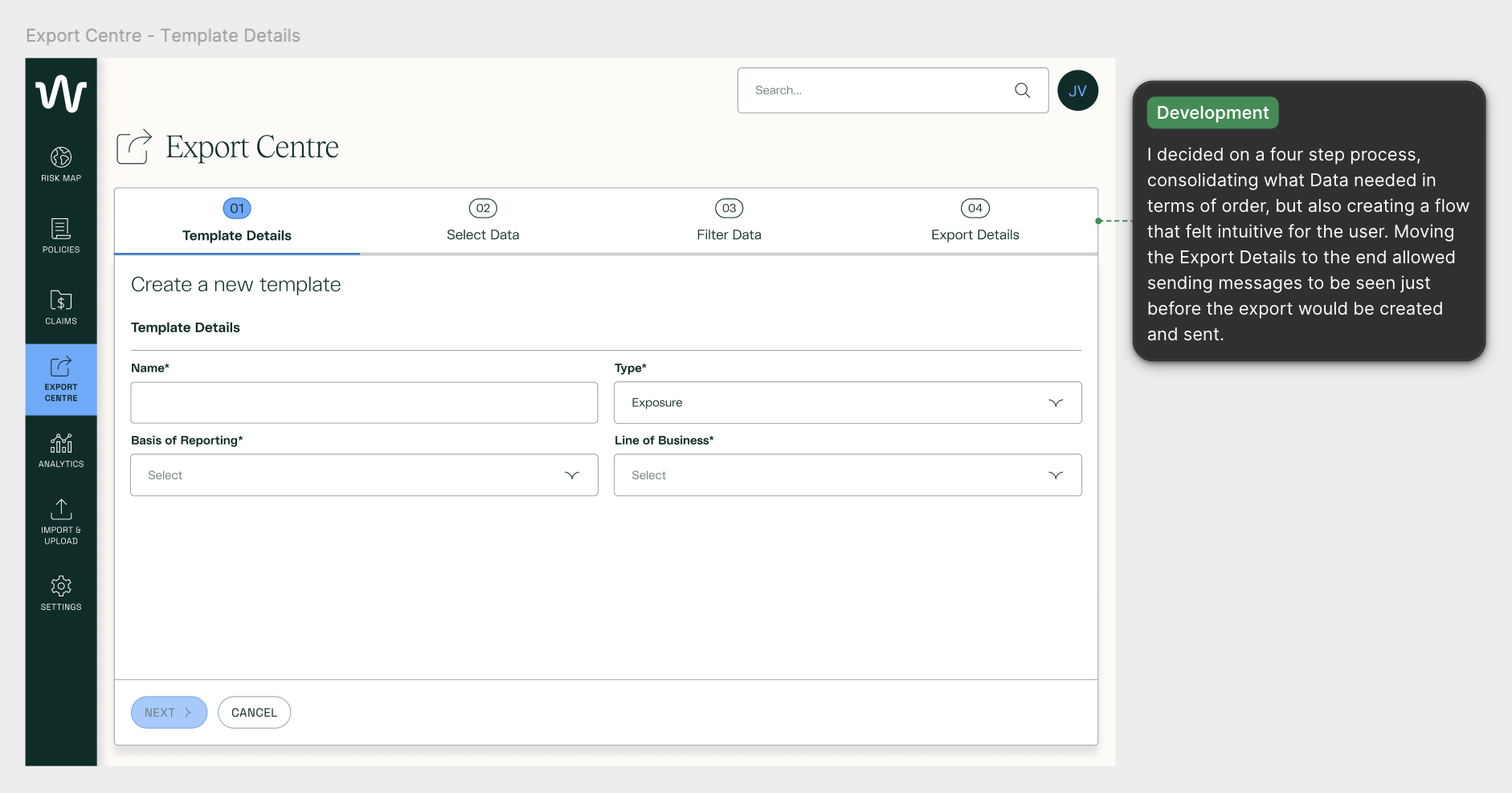 Platform UI Screen showing Export Centre Template Details Step with annotation